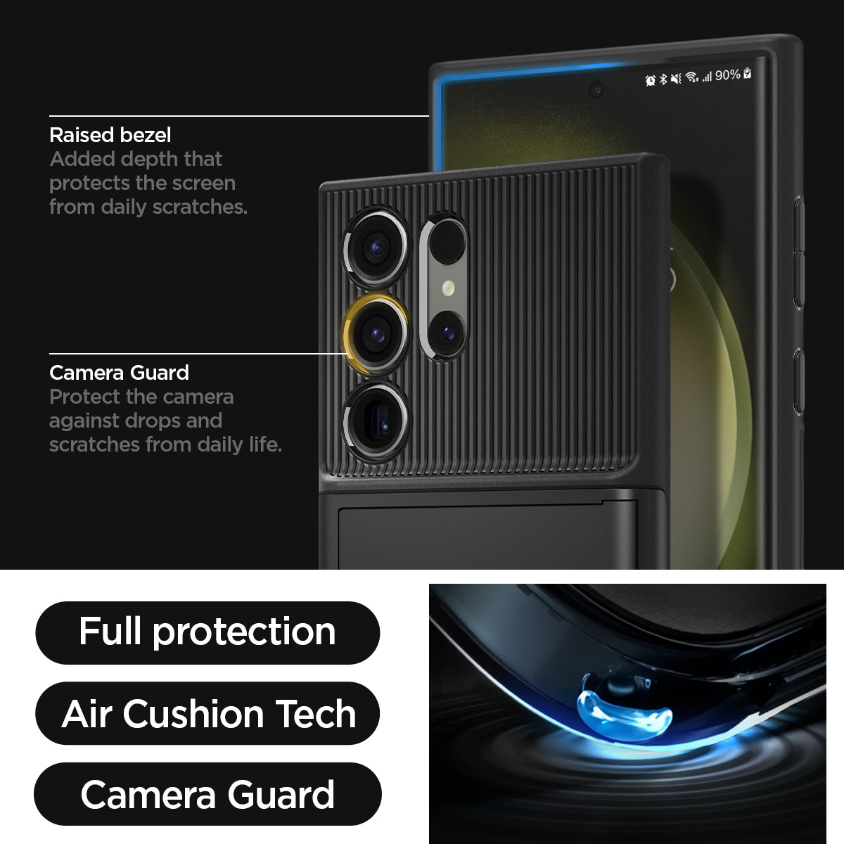 ACS05628 - Galaxy S23 Ultra Case Slim Armor CS in black raised bezel added depth that protects the screen from daily scratches. camera guard protect the camera against drops and scratches from daily life. full protection. air cushion tech. camera guard.