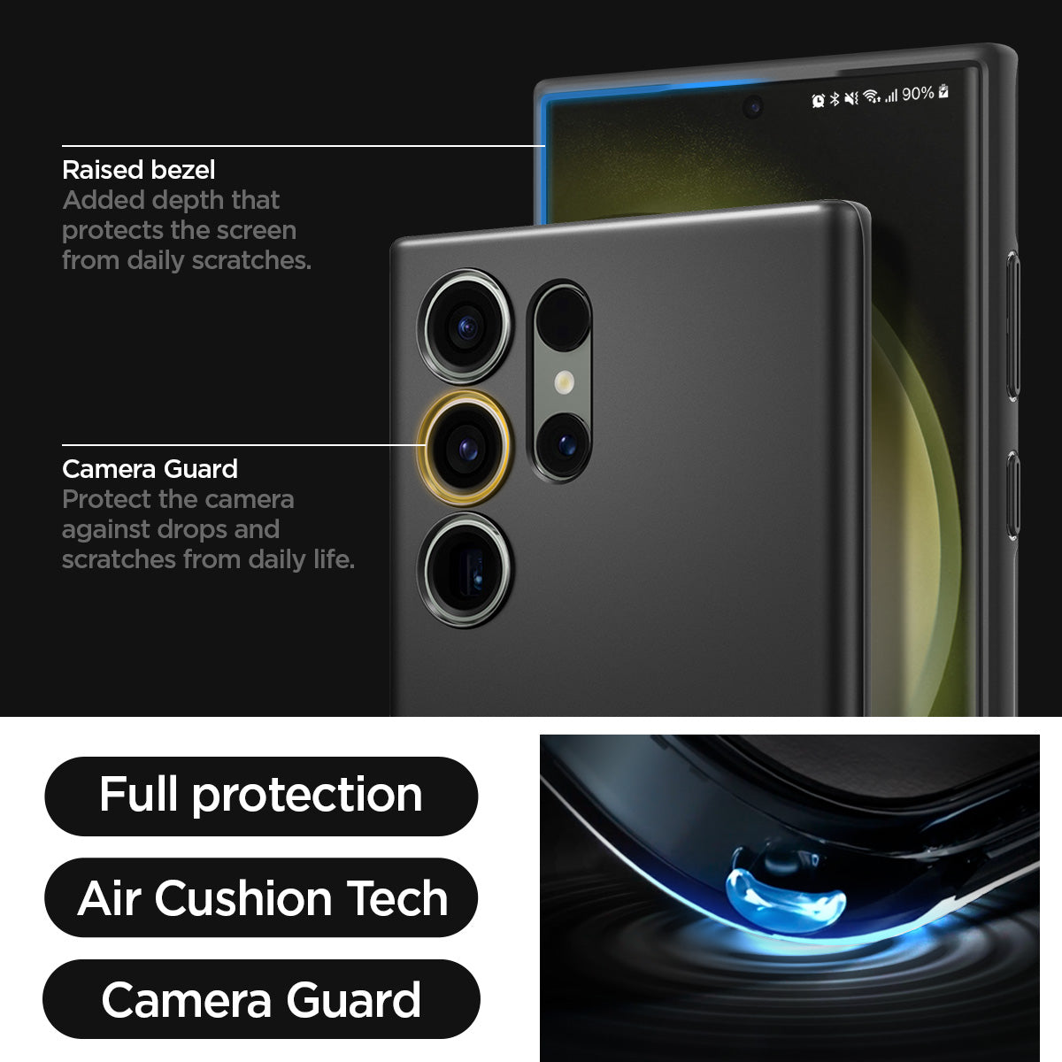 ACS05609 - Galaxy S23 Ultra Case Thin Fit in black showing the full protection, air cushion tech and camera guard. Raised bezel - added depth that protects the screen from daily scratches