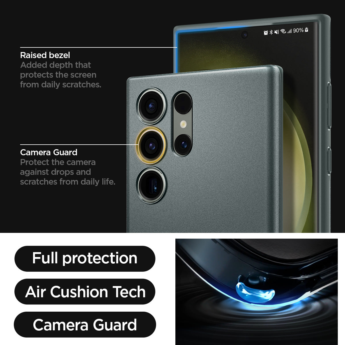 ACS06077 - Galaxy S23 Ultra Case Thin Fit in abyss green showing the full protection, air cushion tech and camera guard. Raised bezel - added depth that protects the screen from daily scratches