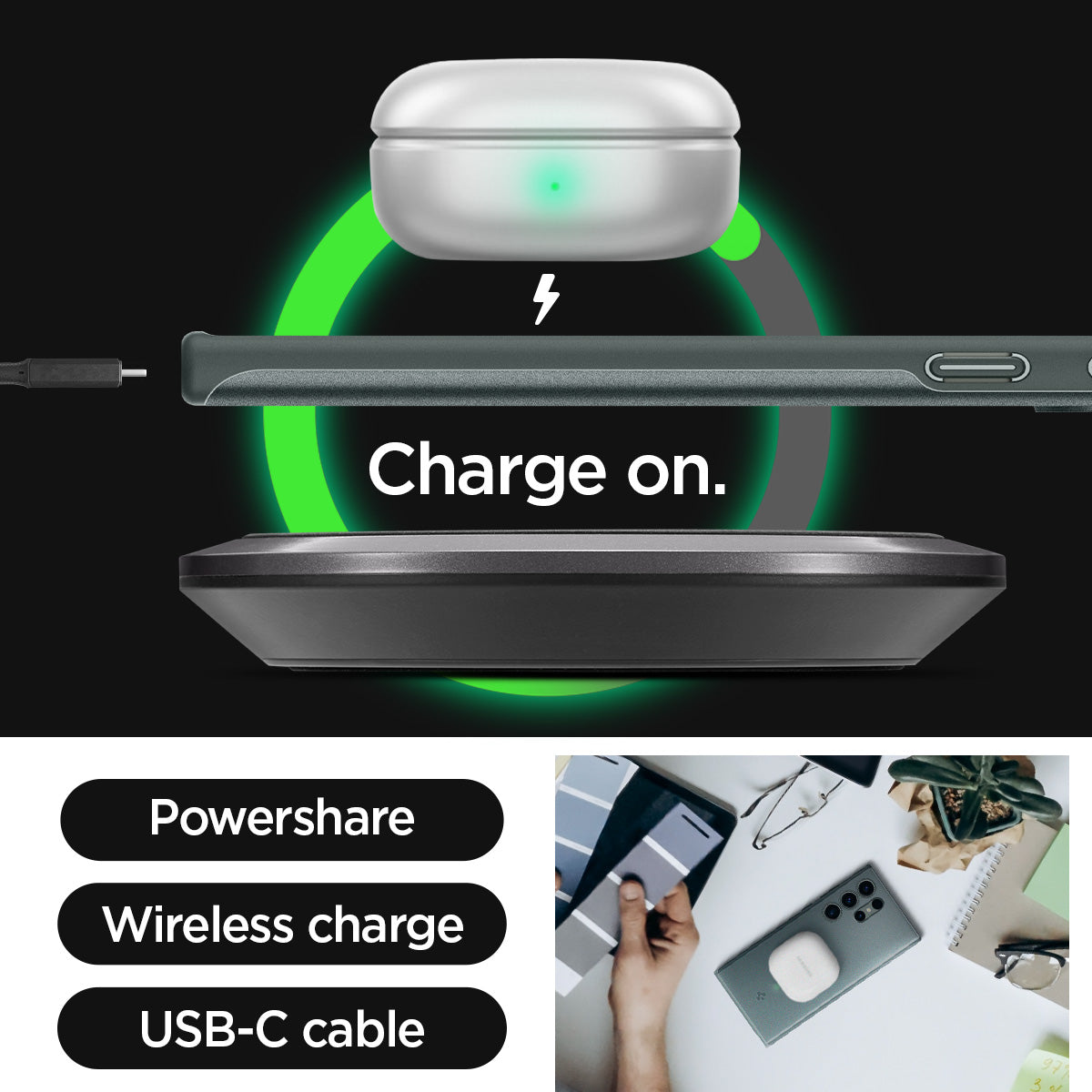 ACS06077 - Galaxy S23 Ultra Case Thin Fit in abyss green showing the powershare, wireless charge, and USB-C cable