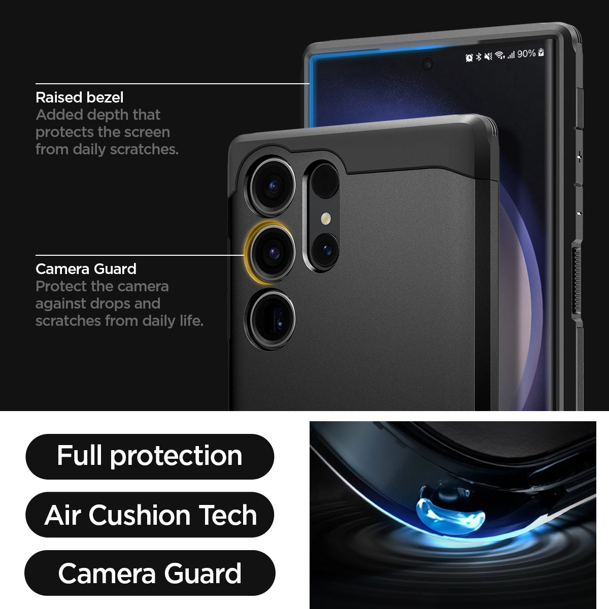 ACS05623 - Galaxy S23 Ultra Case Tough Armor in black raised bezel added depth that protects the screen from daily scratches. camera guard protect the camera against drops and scratches from daily life. full protection. air cushion tech. camera guard.