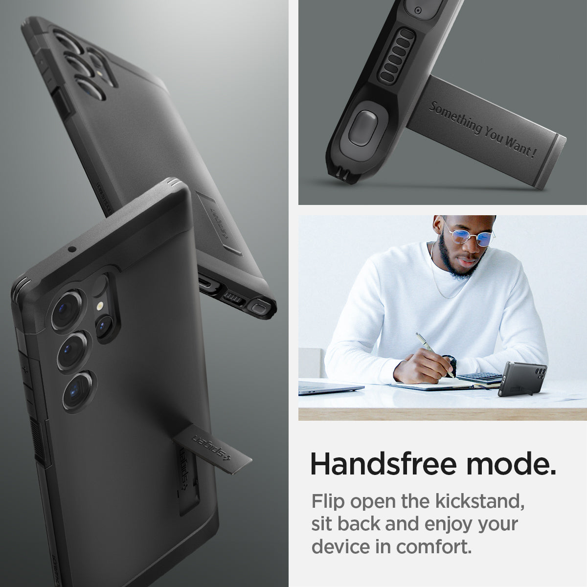 ACS05623 - Galaxy S23 Ultra Case Tough Armor in black handsfree mode. Flip open the kickstand, sit back and enjoy your device in comfort.