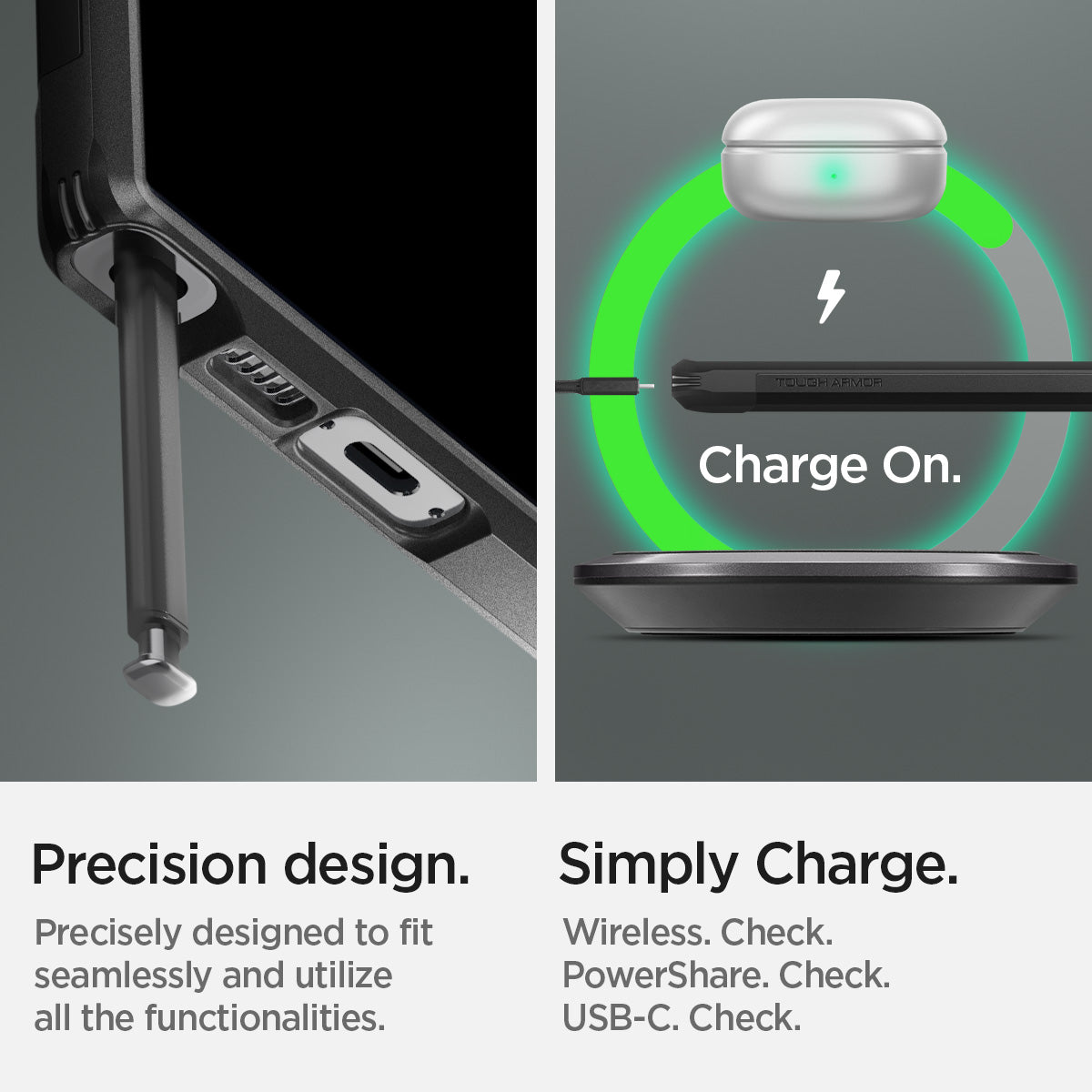 ACS05623 - Galaxy S23 Ultra Case Tough Armor in black precision design. precisely designed to fit seamlessly and utilize all functionalities. Simply charge wireless check. power share check. USB-C cable.