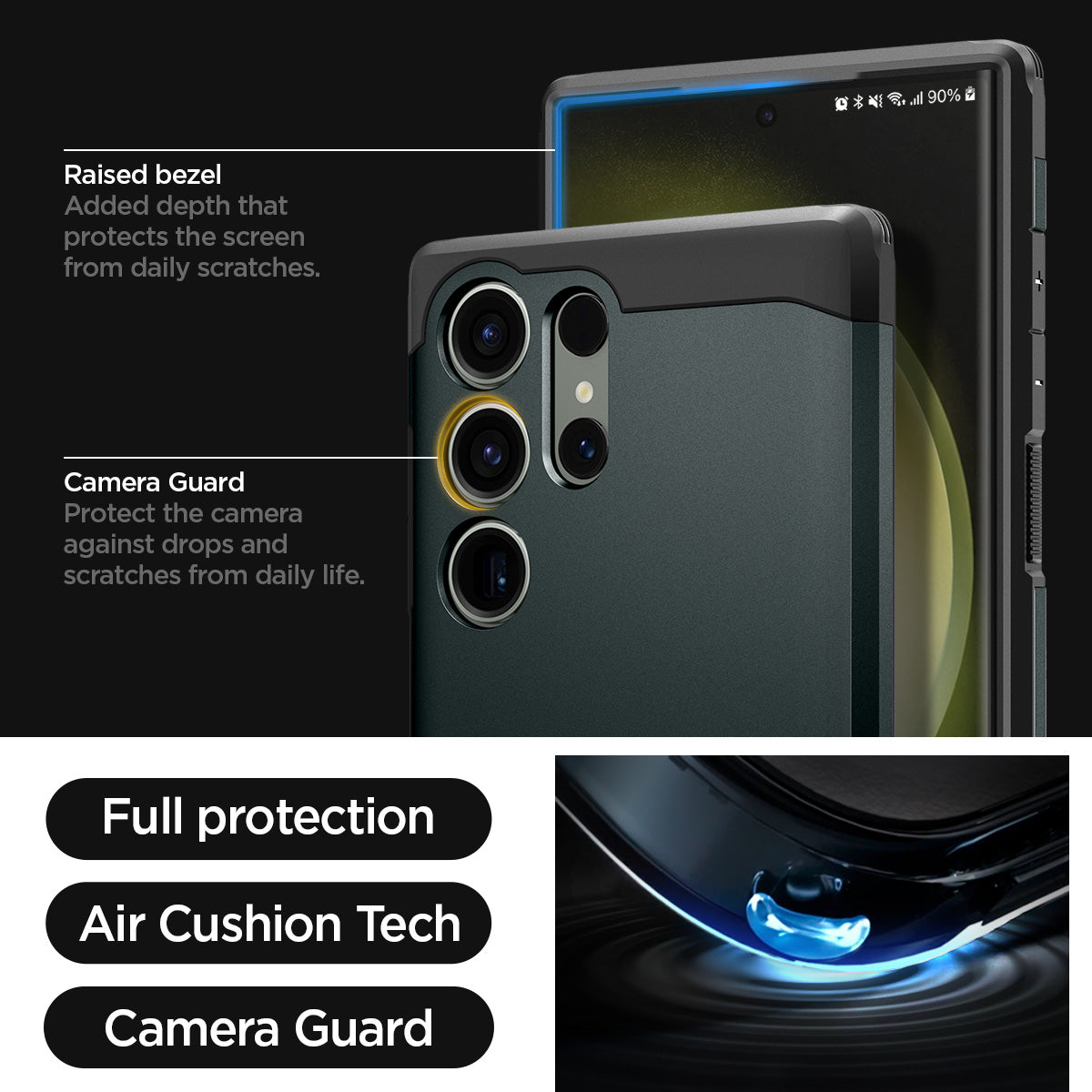 ACS05625 - Galaxy S23 Ultra Case Tough Armor in abyss green raised bezel added depth that protects the screen from daily scratches. camera guard protect the camera against drops and scratches from daily life. full protection. air cushion tech. camera guard.