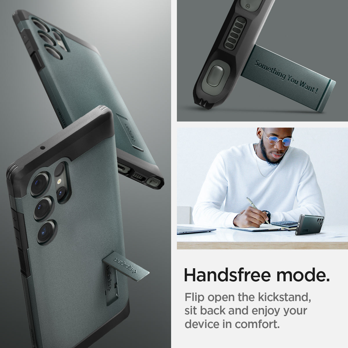 ACS05625 - Galaxy S23 Ultra Case Tough Armor in abyss green handsfree mode. Flip open the kickstand, sit back and enjoy your device in comfort.