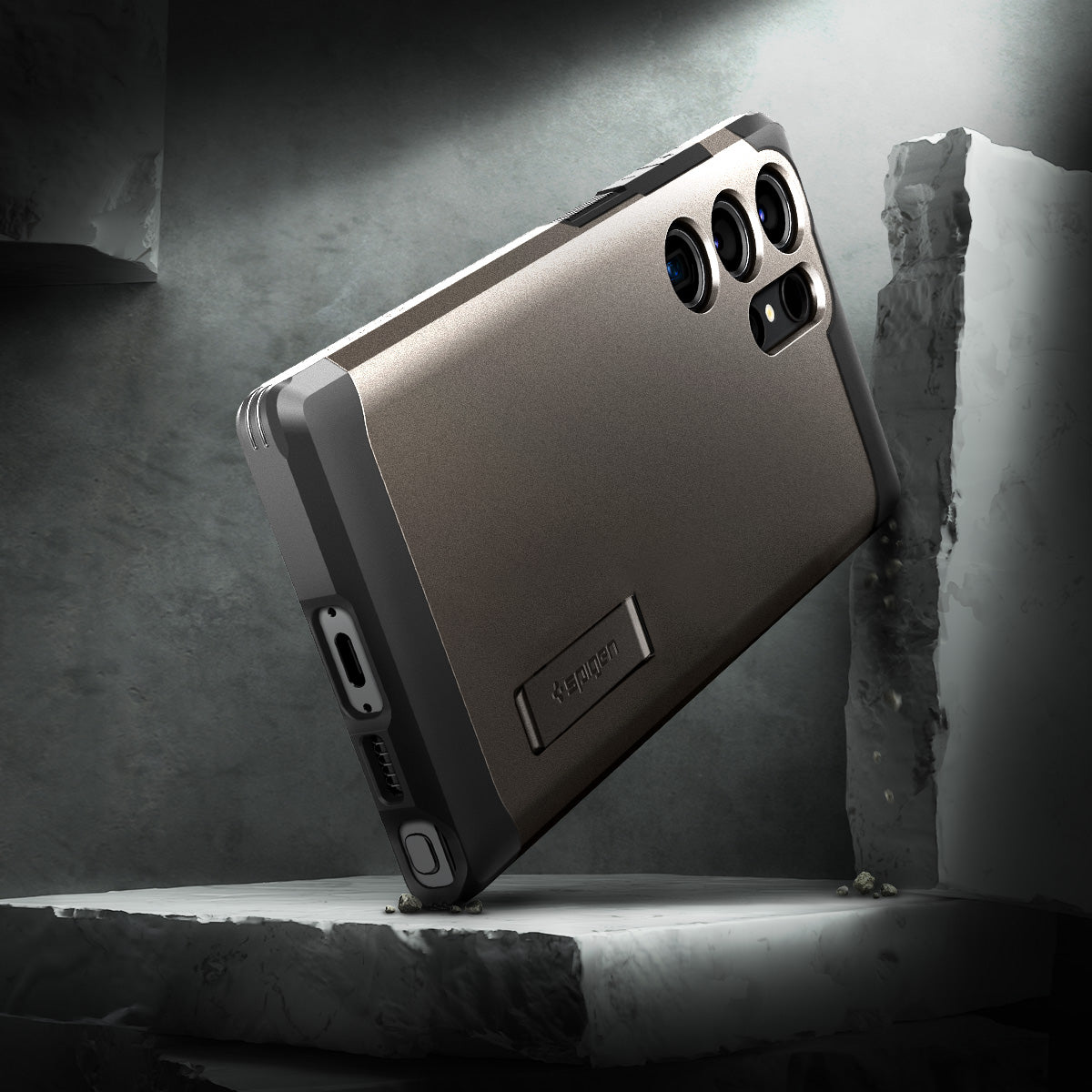 ACS05624 - Galaxy S23 Ultra Case Tough Armor in gunmetal showing back in front of the rock.