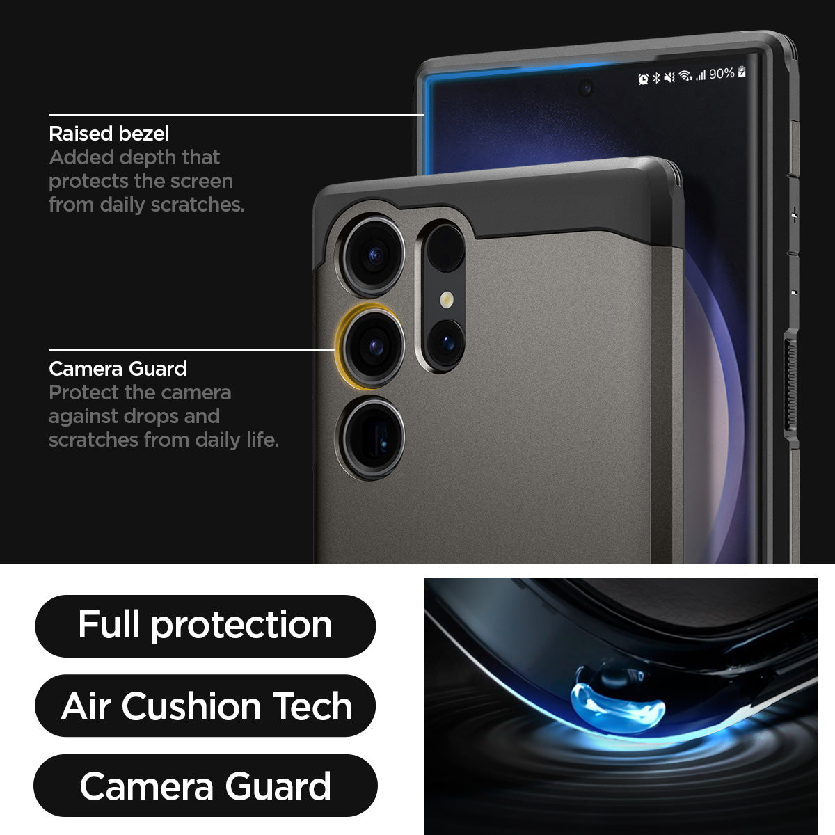 ACS05624 - Galaxy S23 Ultra Case Tough Armor in gunmetal raised bezel added depth that protects the screen from daily scratches. camera guard protect the camera against drops and scratches from daily life. full protection. air cushion tech. camera guard.