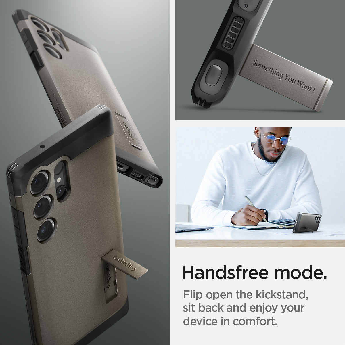 ACS05624 - Galaxy S23 Ultra Case Tough Armor in gunmetal handsfree mode. Flip open the kickstand, sit back and enjoy your device in comfort.