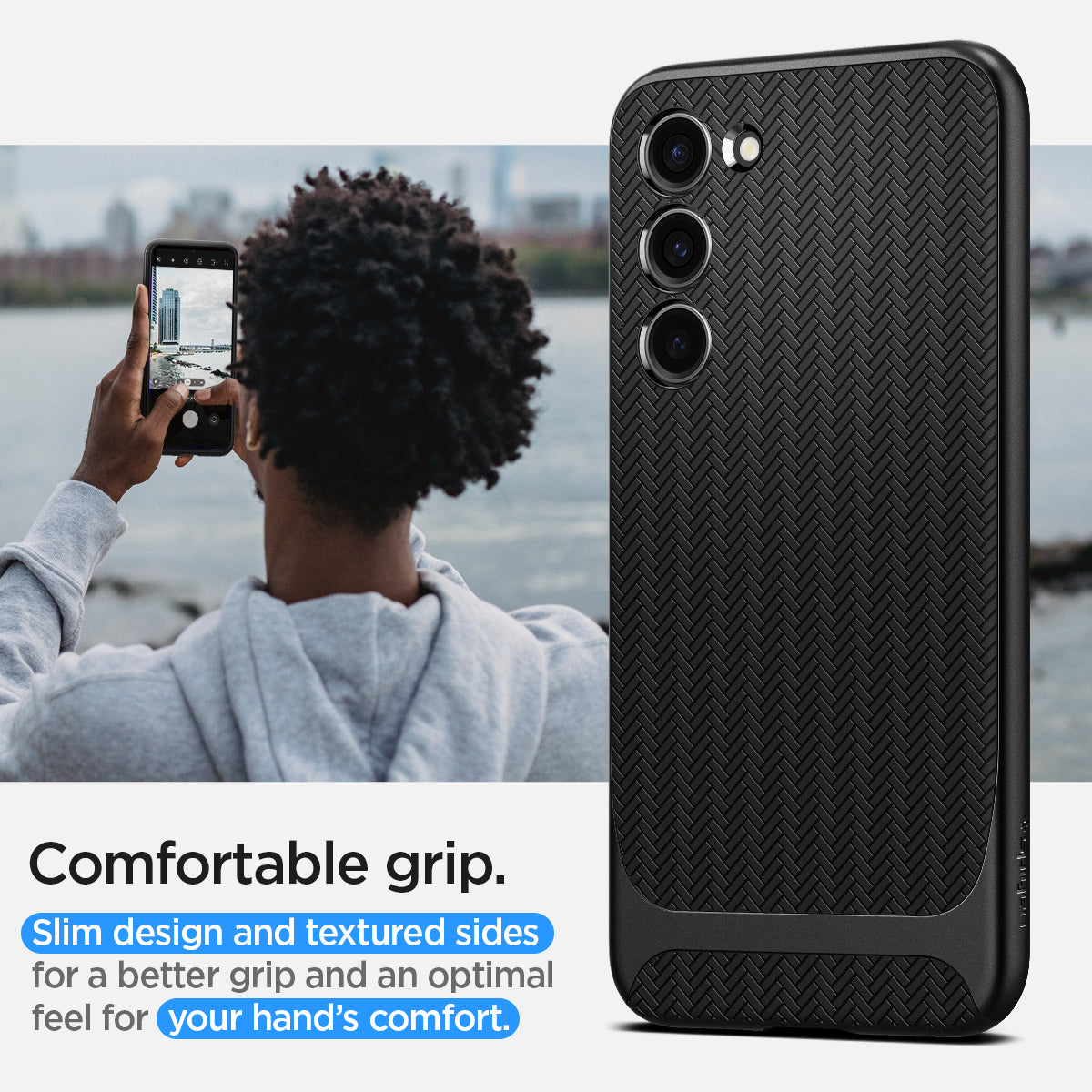 ACS05674 - Galaxy S23 Plus Case Neo Hybrid in black comfortable grip. Slim design and textured sides for a better grip and an optimal feel for your hand's comfort.