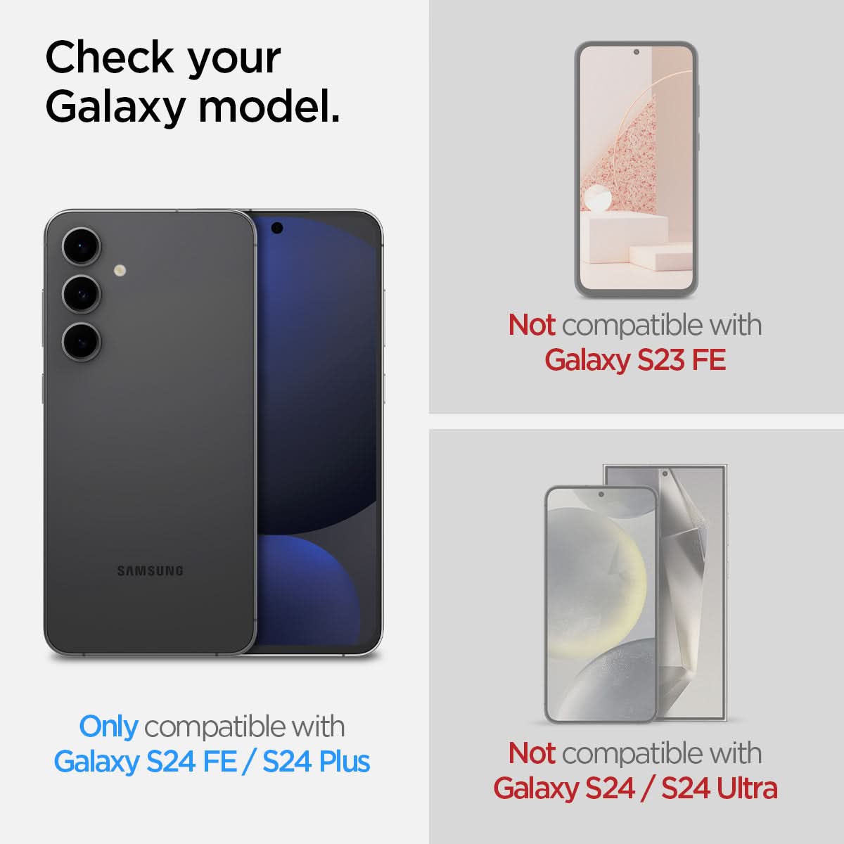 AGL07613 - Galaxy S24 Plus Optik Pro EZ Fit Lens Protector in Marble Gray showing the compatibility. Only compatibility with Galaxy S24 FE/S24+ and not compatible with Galaxy S23 FE and Galaxy S24/S24 Ultra