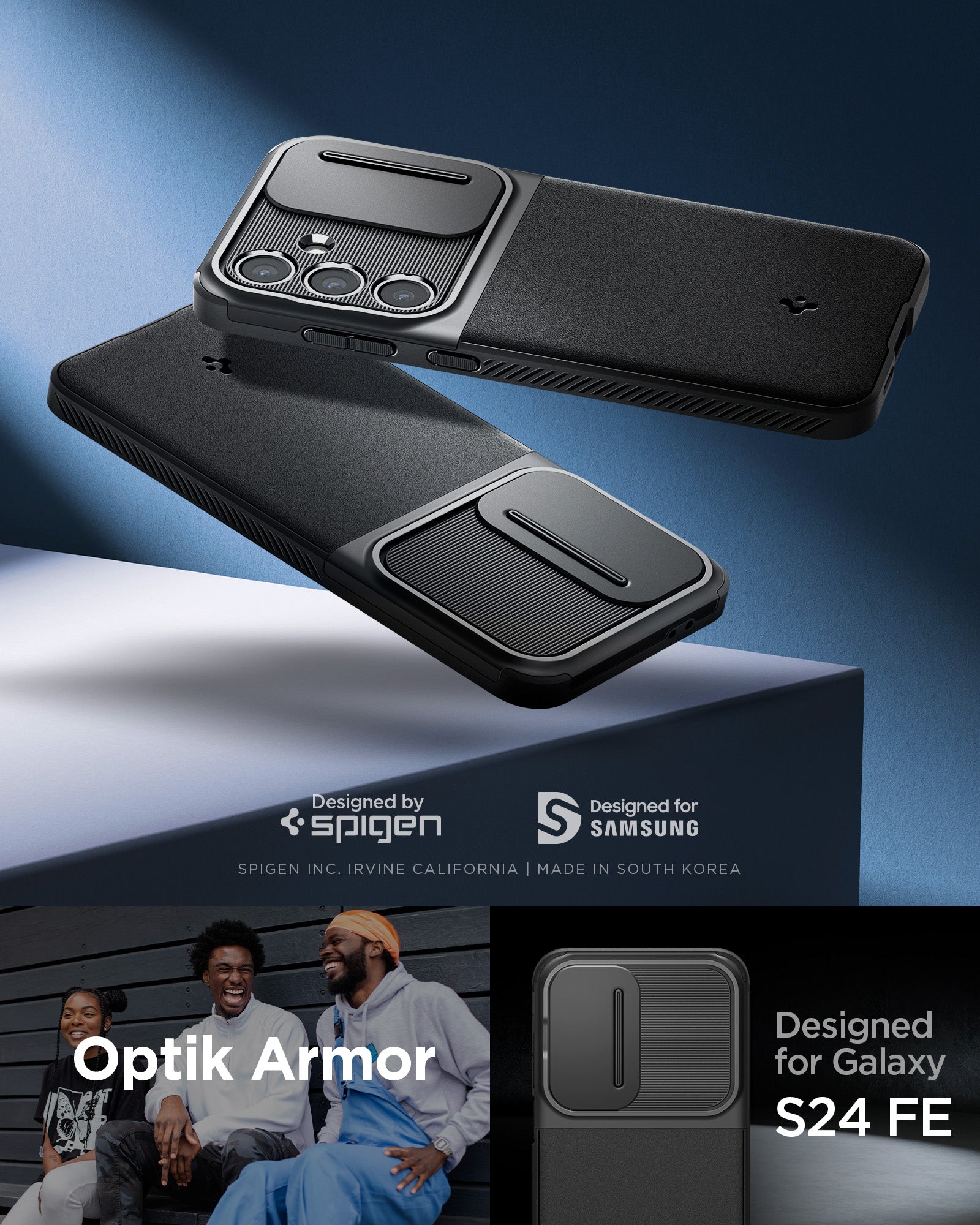ACS08626 - Galaxy S24 FE Case Optik Armor in Black showing the back and partial sides, slider close and open