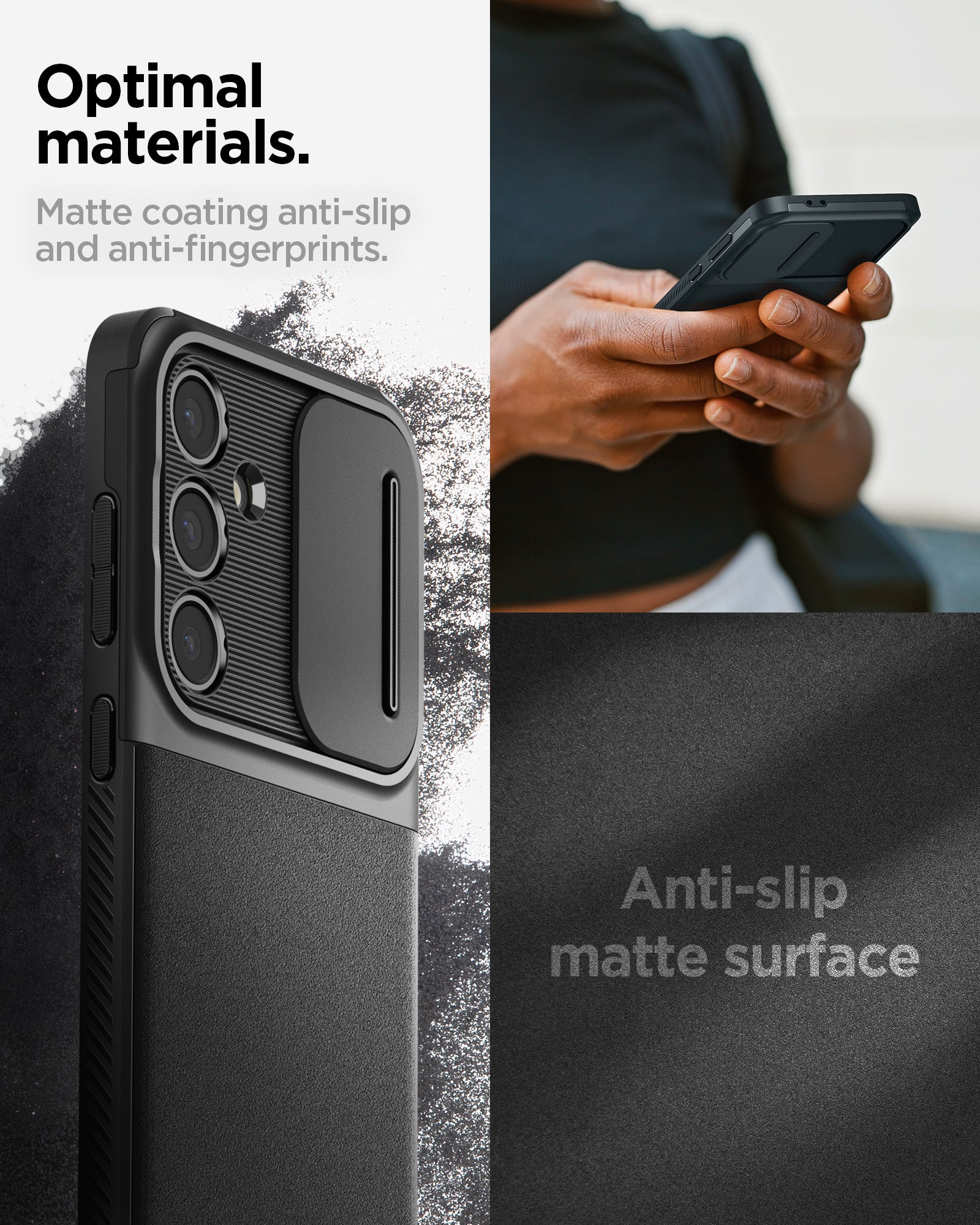 ACS08626 - Galaxy S24 FE Case Optik Armor in Black showing the optimal materials. Matte coating anti-slip and anti- fingerprints with Anti-slip matte surface