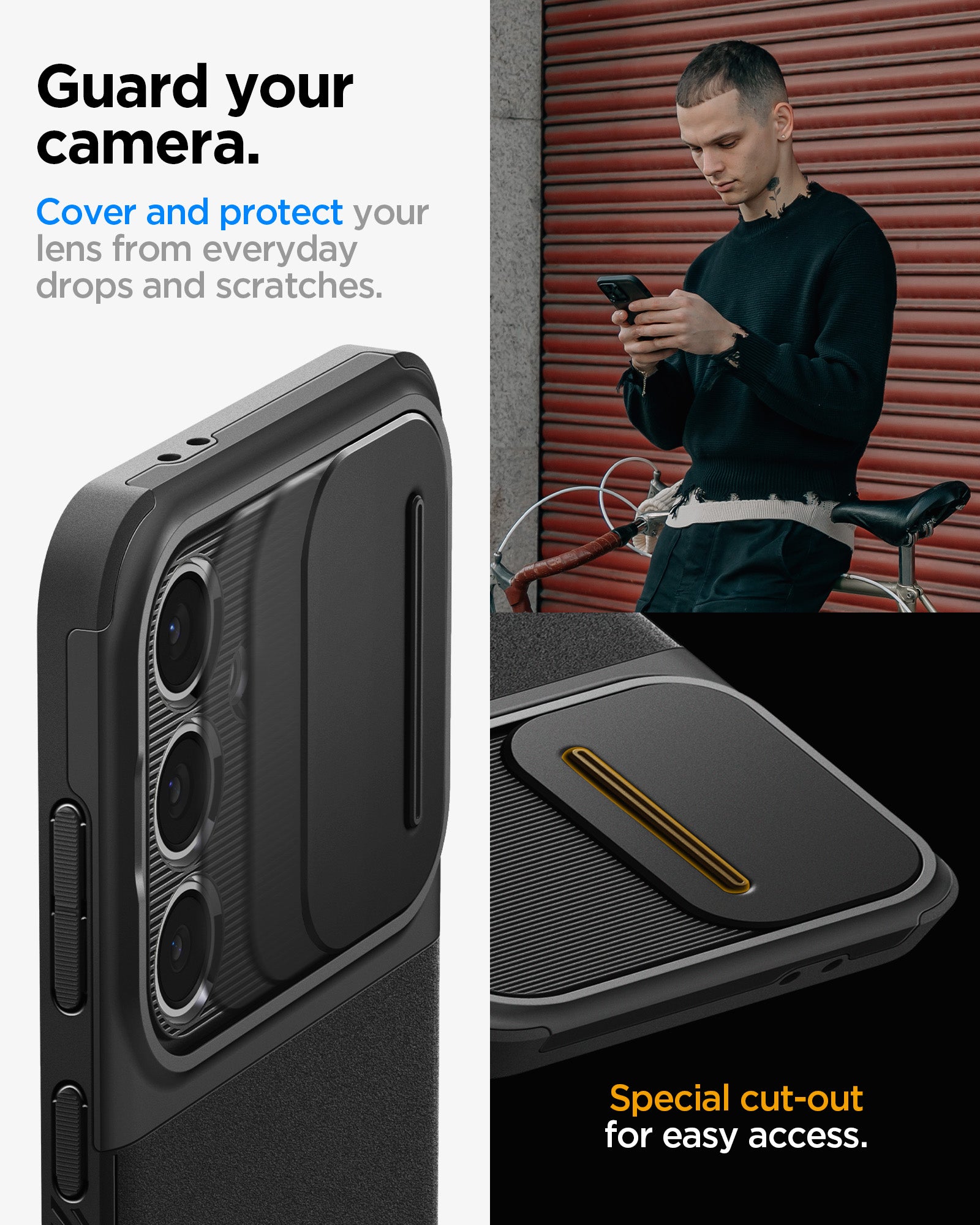 ACS08626 - Galaxy S24 FE Case Optik Armor in Black showing guarding your camera. Cover and protect your lens from everyday drops and scratches with special cut-out for easy access