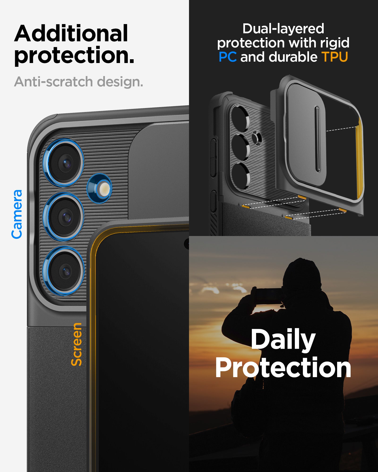 ACS08626 - Galaxy S24 FE Case Optik Armor in Black showing the additional protection. Anti-scratch design. Dual-layered protection with rigid PC and durable TPU