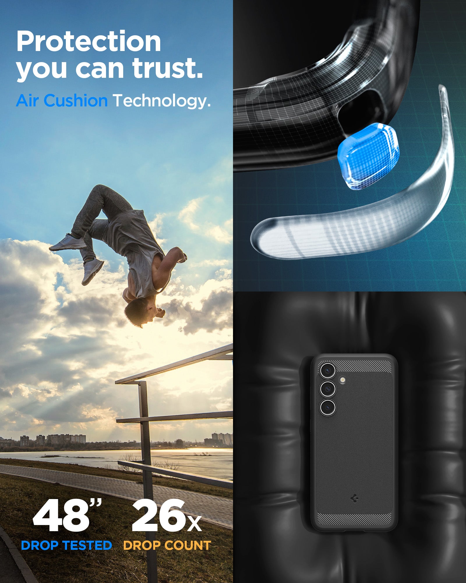 ACS08578 - Galaxy S24 FE Case Rugged Armor in Matte Black showing the protection you can trust. Air Cushion Technology. 48" drop tested and 26x drop count