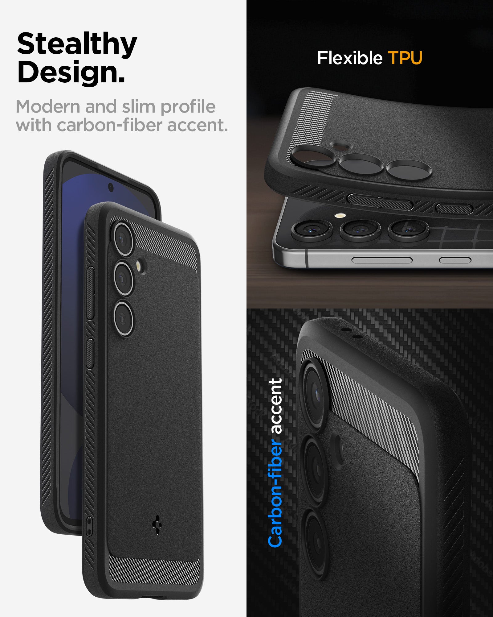 ACS08578 - Galaxy S24 FE Case Rugged Armor in Matte Black showing the stealthy design. Modern and slim profile with carbon-fiber accent. Flexible TPU and carbon-fiber accent