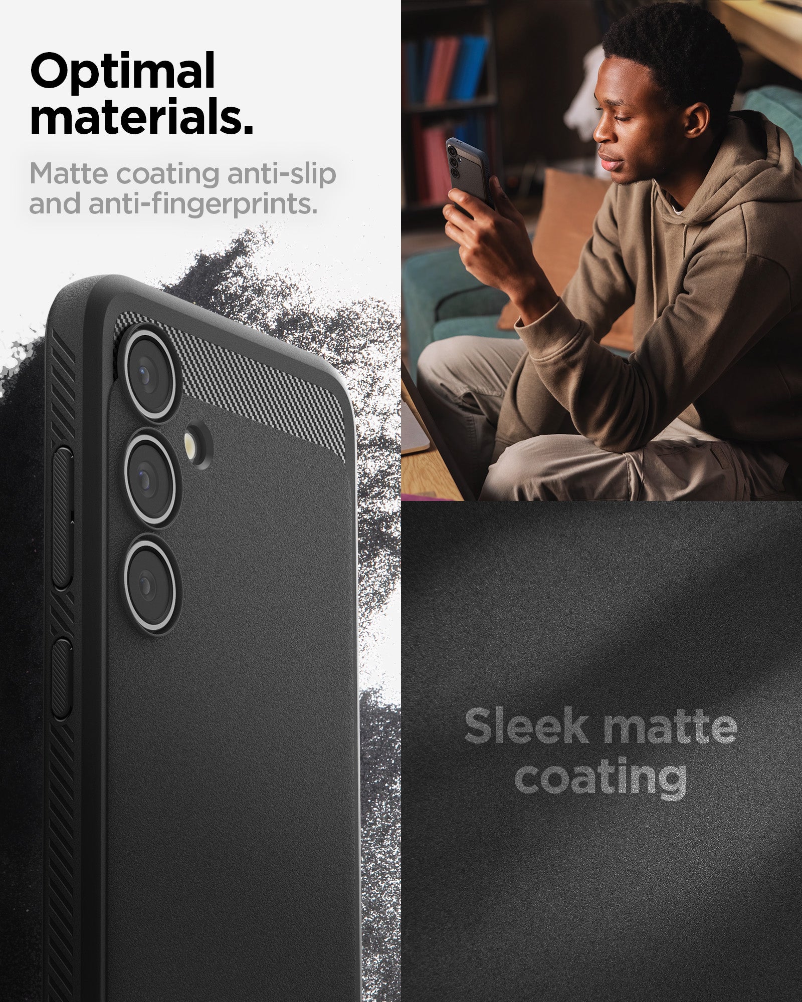 ACS08578 - Galaxy S24 FE Case Rugged Armor in Matte Black showing the optimal materials. Matte coating anti-slip and anti-fingerprints. Sleek matte coating