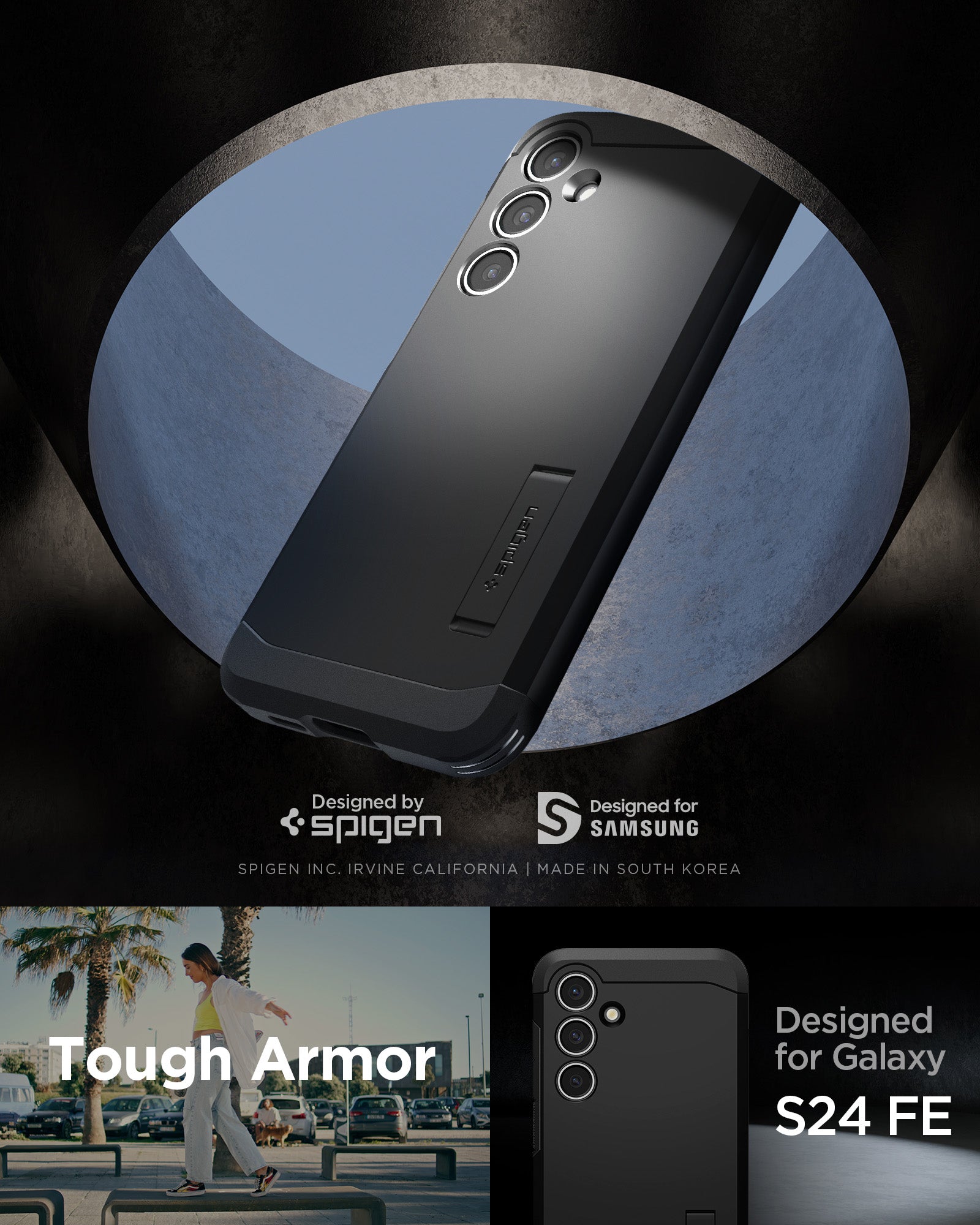 ACS08623 - Galaxy S24 FE Case Tough Armor (MagFit) in Black showing the back, partial side and bottom