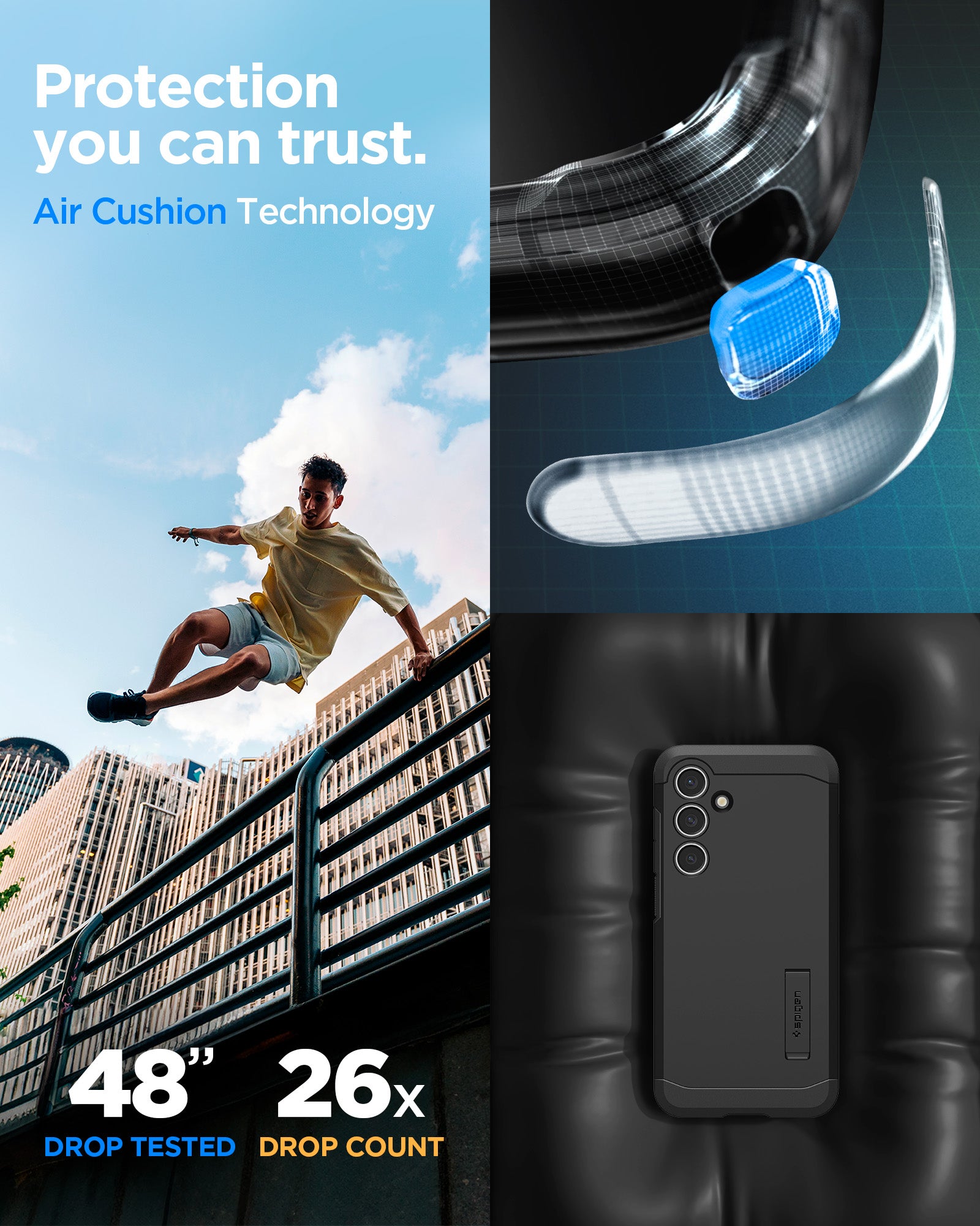 ACS08623 - Galaxy S24 FE Case Tough Armor (MagFit) in Black showing the protection you can trust. Air Cushion Technology. 48" drop tested, 26x drop count