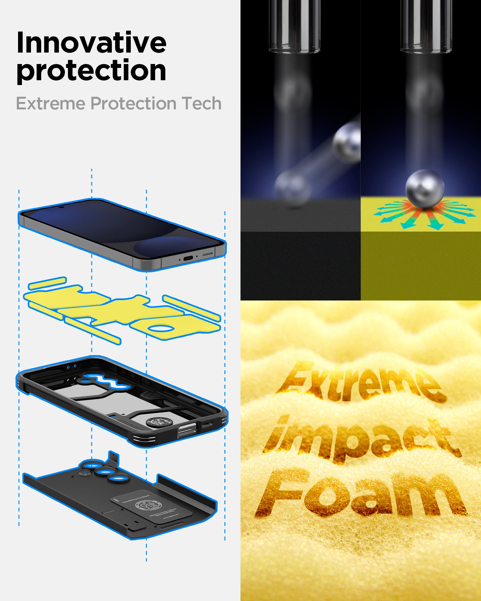 ACS08623 - Galaxy S24 FE Case Tough Armor (MagFit) in Black showing the innovative protection. Extreme Protection Tech. Extreme impact foam