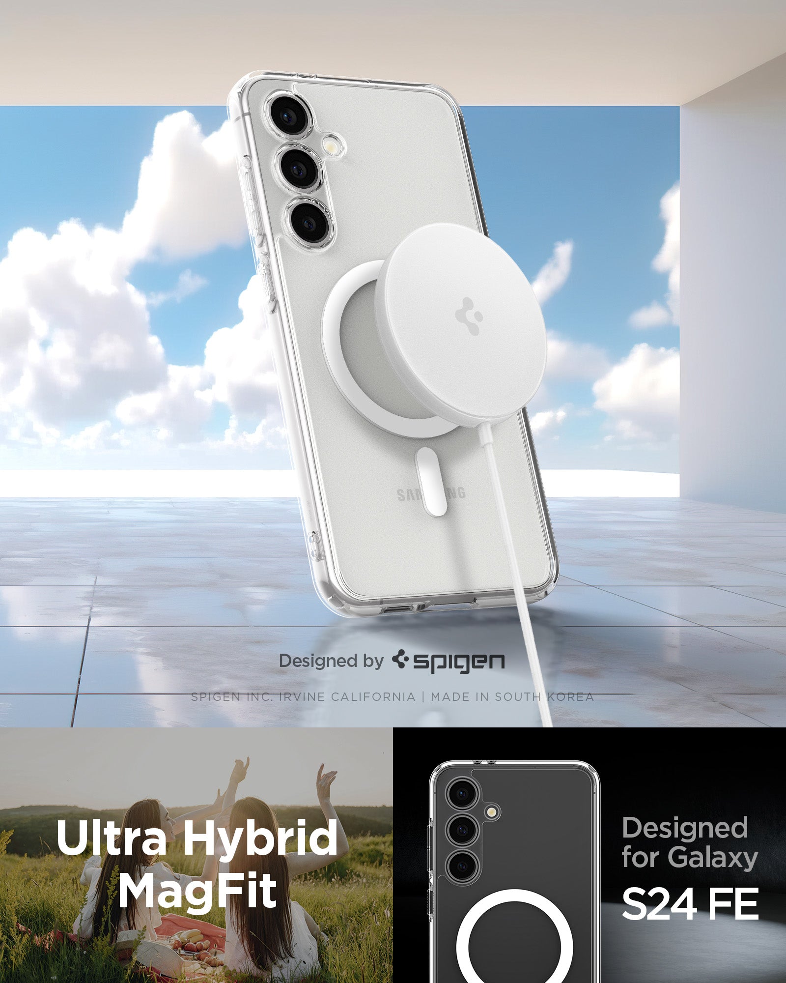 ACS08622 - Galaxy S24 FE Case Ultra Hybrid Metal Ring (MagFit) in White designed by spigen. Ultra hybrid. Designed for galaxy s24 fe.
