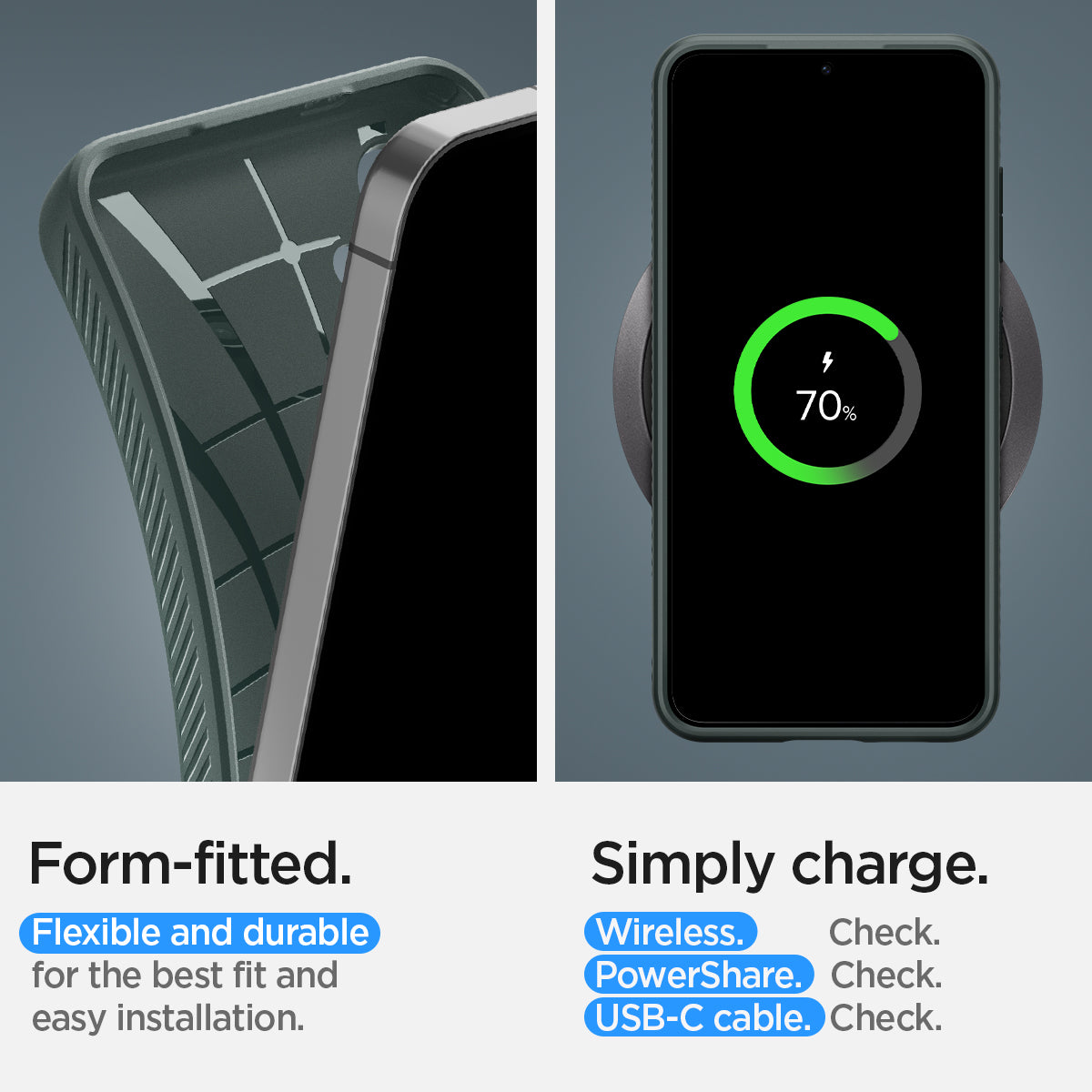 ACS07348 - Galaxy S24 Case Liquid Air in Abyss Green form fitted flexible and durable for the best fit and easy installation. Simply charge wireless check. power share check. USB-C cable.