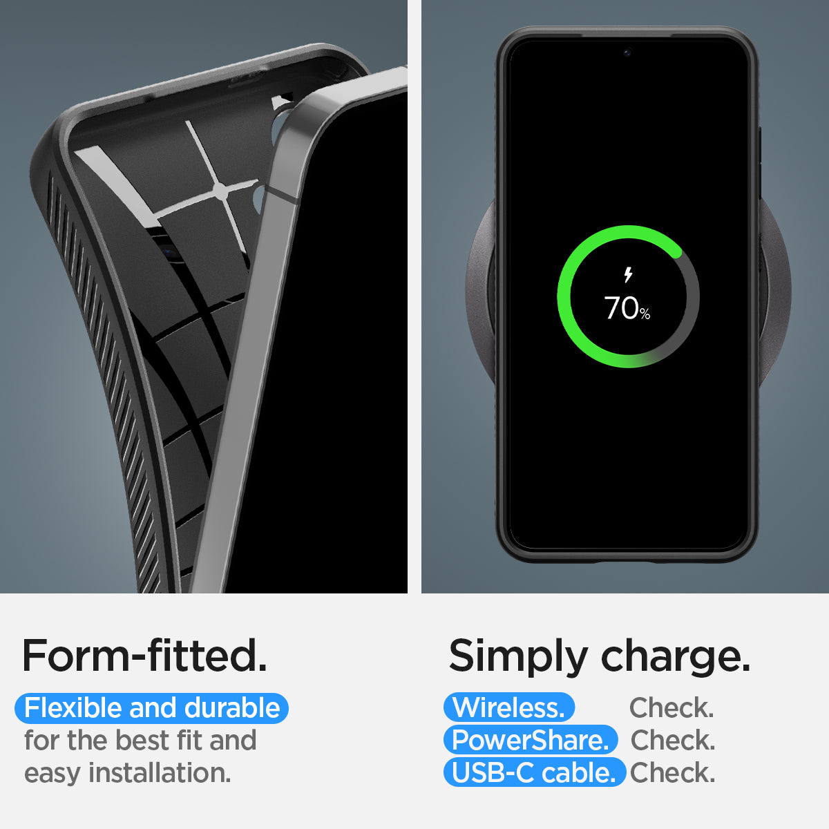 ACS07347 - Galaxy S24 Case Liquid Air in Matte Black form fitted flexible and durable for the best fit and easy installation. Simply charge wireless check. power share check. USB-C cable.
