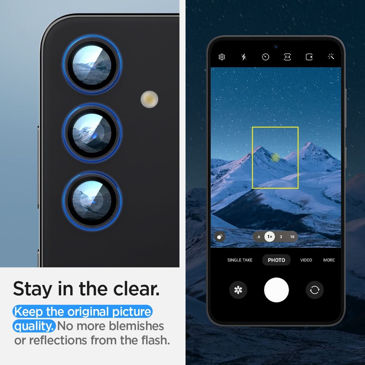 AGL07441 - Galaxy S24 Optik Pro EZ Fit Lens Protector in Black showing how it stays clear. Keep the original picture quality. No more blemishes or reflections from the flash