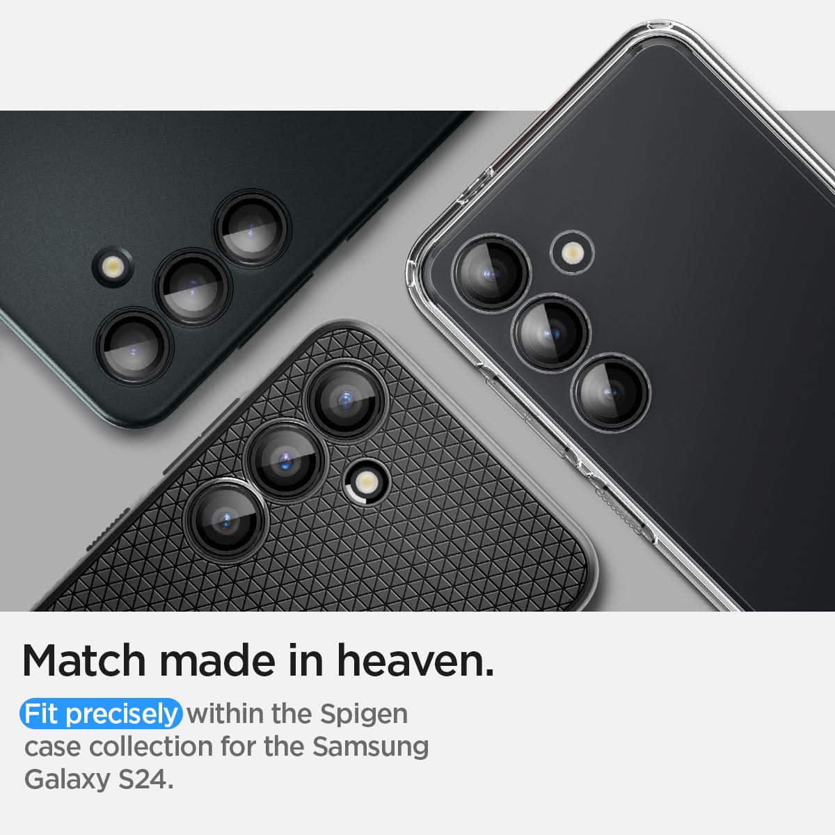 AGL07441 - Galaxy S24 Optik Pro EZ Fit Lens Protector in Black showing the match made in heaven. Fit precisely within the Spigen case collection for the Samsung Galaxy S24
