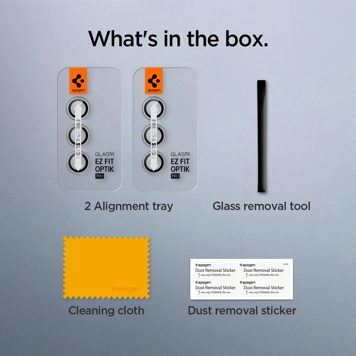 AGL07614 - Galaxy S24 Optik Pro EZ Fit Lens Protector in Marble Gray showing what's in the box. 2 Alignment trays, Glass removal tool, Cleaning cloth and Dust removal sticker