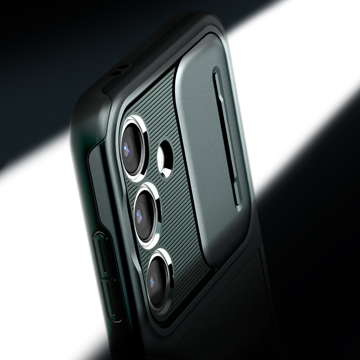 ACS07364 - Galaxy S24 Case Optik Armor in Abyss Green showing the partial back, top and side, slider open, camera zoomed in