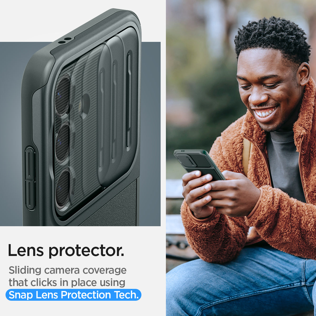 ACS07364 - Galaxy S24 Case Optik Armor in Abyss Green showing the lens protector. Sliding camera coverage that clicks in place using Snap Lens Protection Tech