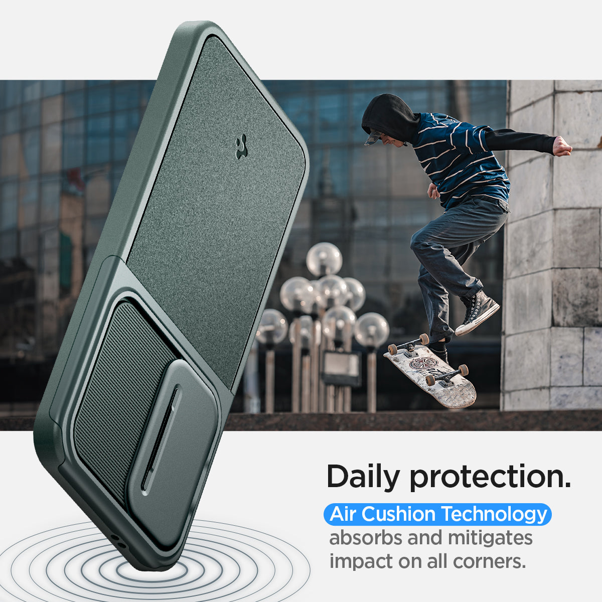 ACS07364 - Galaxy S24 Case Optik Armor in Abyss Green showing the daily protection. Air Cushion Technology absorbs and mitigates impact on all corners
