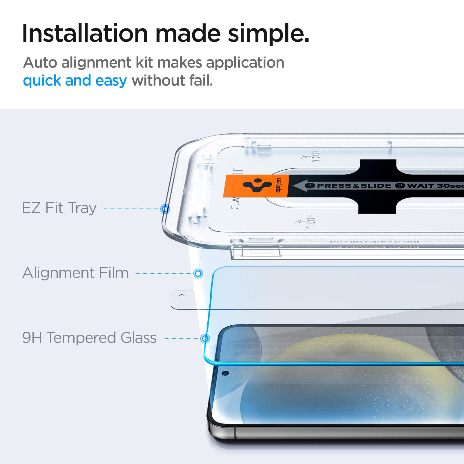 AGL07430 - Galaxy S24 Plus GLAS.tR EZ Fit in Transparency showing the installation made simple. Auto alignment kit makes application quick and easy without fail. EZ Fit Tray, Alignment Film and 9H Tempered Glass