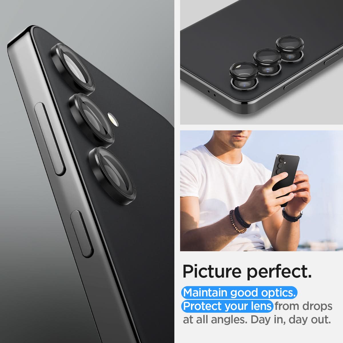 AGL07433 - Galaxy S24 Plus Optik Pro EZ Fit Lens Protector in Black showing the picture perfect. Maintain good optics. Protect your lens from drops at all angles. Day in, day out
