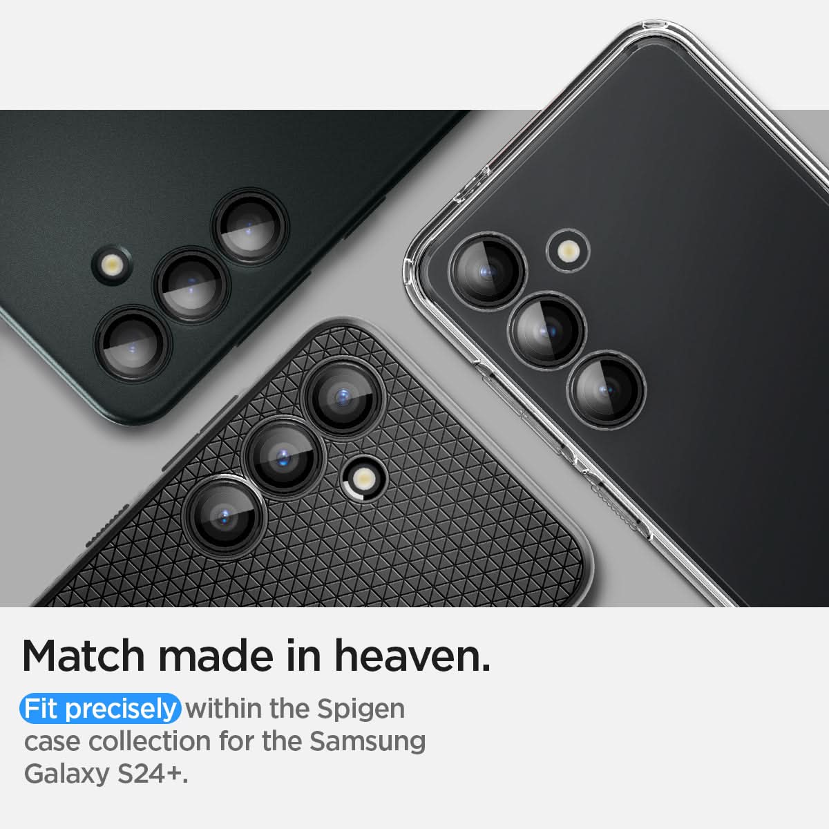 AGL07433 - Galaxy S24 Plus Optik Pro EZ Fit Lens Protector in Black showing the match made in heaven. Fit precisely within the Spigen case collection for the Samsung Galaxy S24+