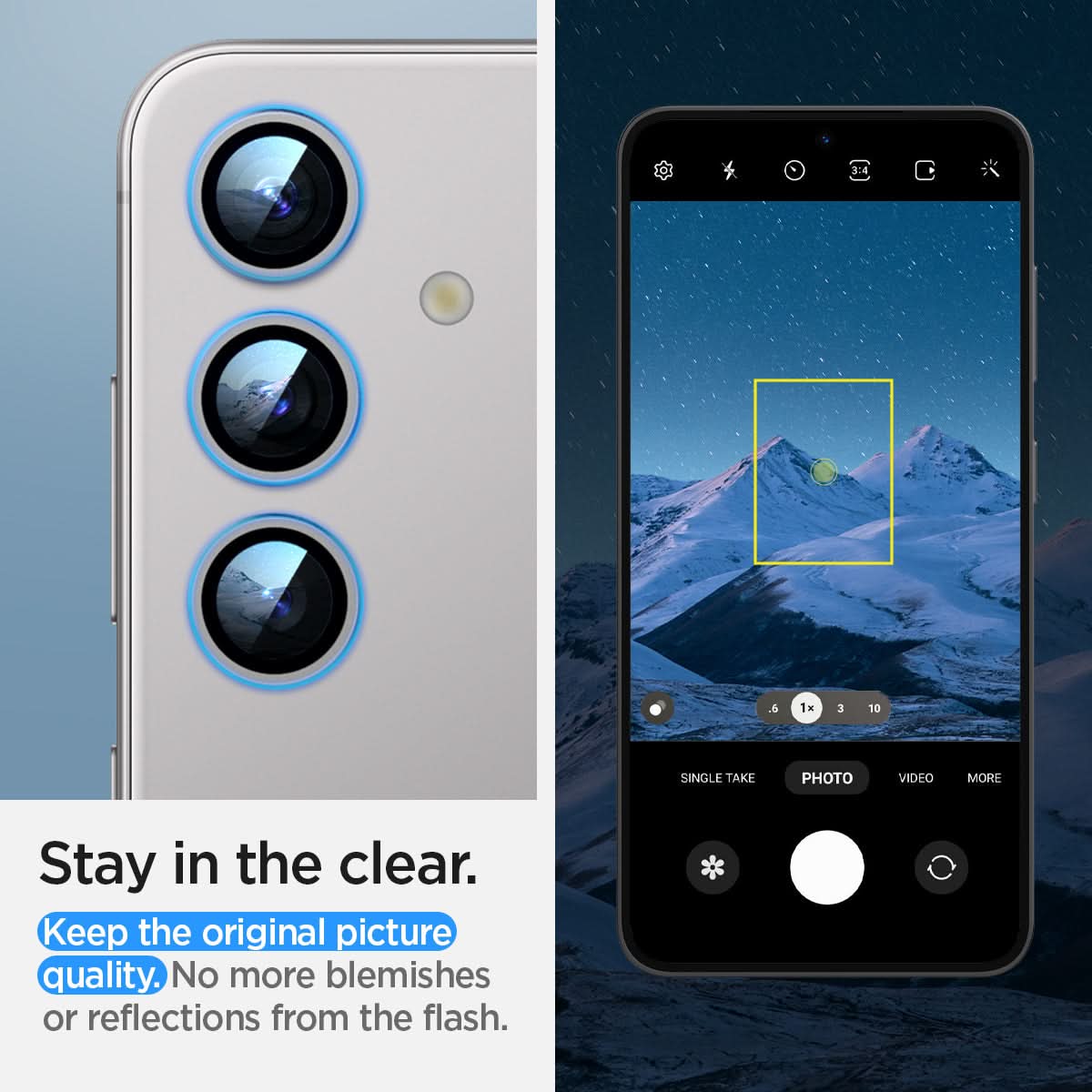AGL07613 - Galaxy S24 Plus Optik Pro EZ Fit Lens Protector in Marble Gray showing how it stays clear. Keep the original picture quality. No more blemishes or reflections from the flash