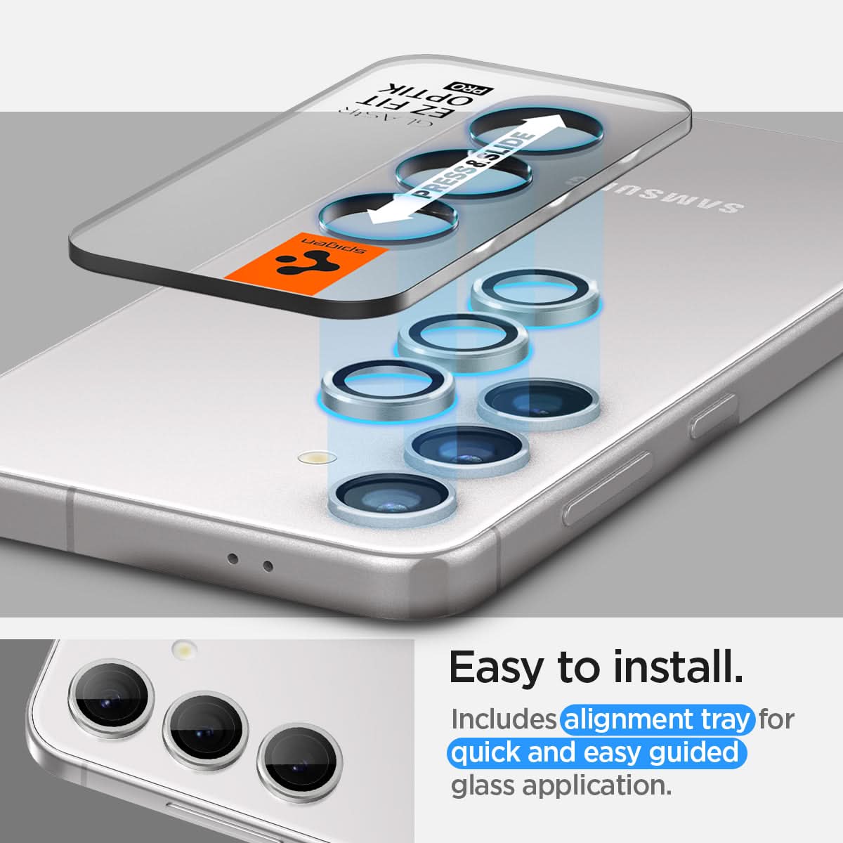 AGL07613 - Galaxy S24 Plus Optik Pro EZ Fit Lens Protector in Marble Gray showing the easy to install. Includes alignment tray for quick and easy guided glass application