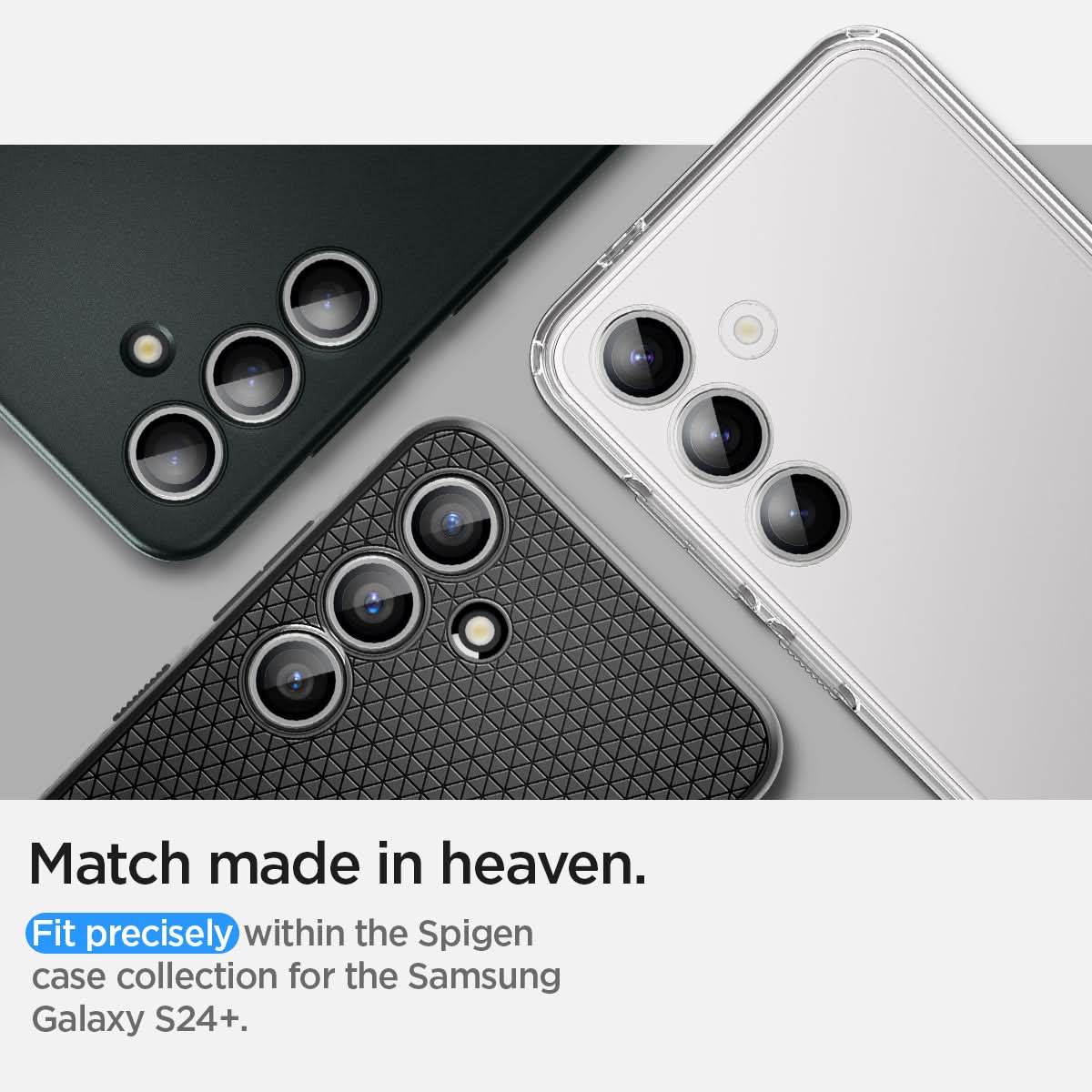 AGL07613 - Galaxy S24 Plus Optik Pro EZ Fit Lens Protector in Marble Gray showing the match made in heaven. Fit precisely within the Spigen case collection for the Samsung Galaxy S24+