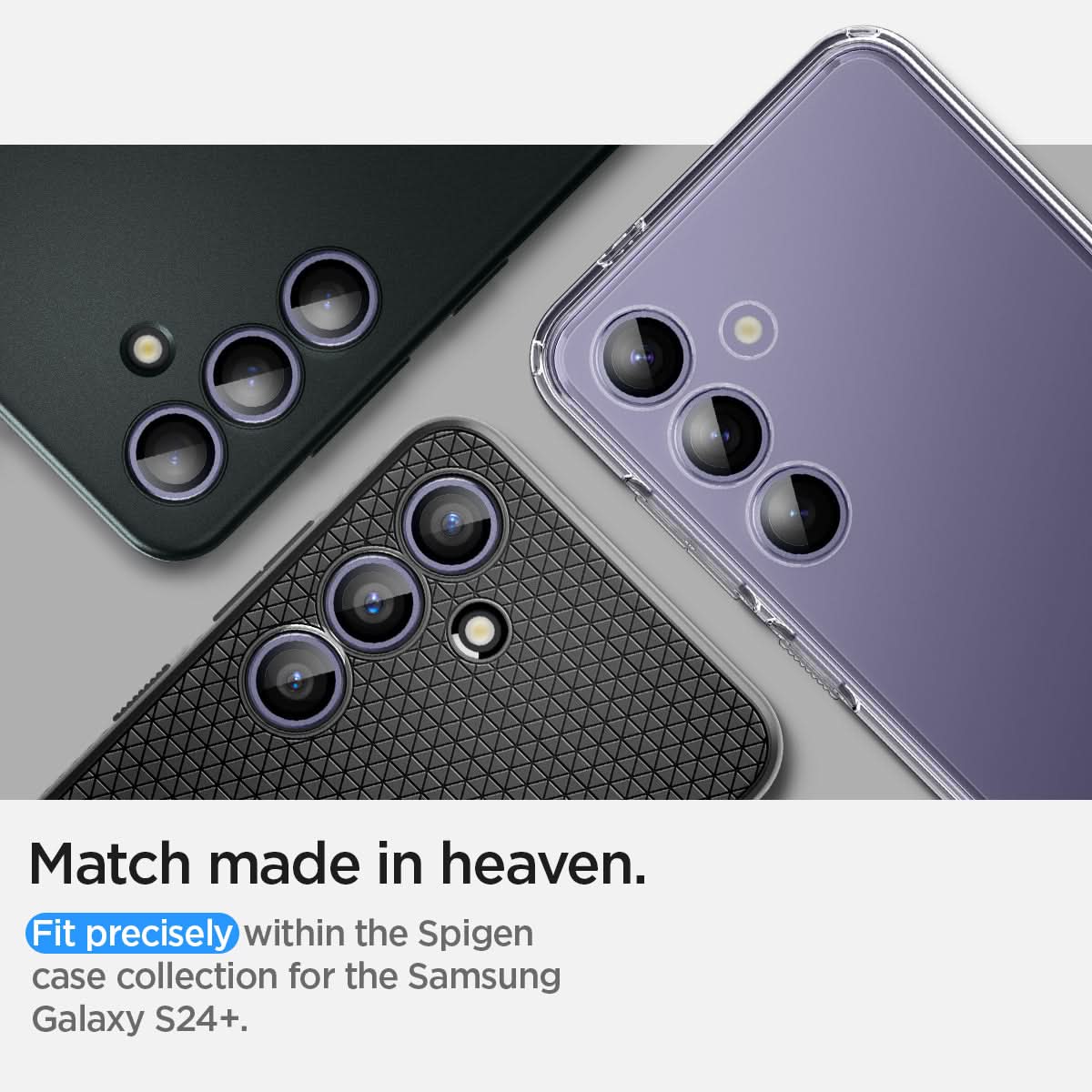 AGL07435 - Galaxy S24 Plus Optik Pro EZ Fit Lens Protector in Violet showing the match made in heaven. Fit precisely within the Spigen case collection for the Samsung Galaxy S24+