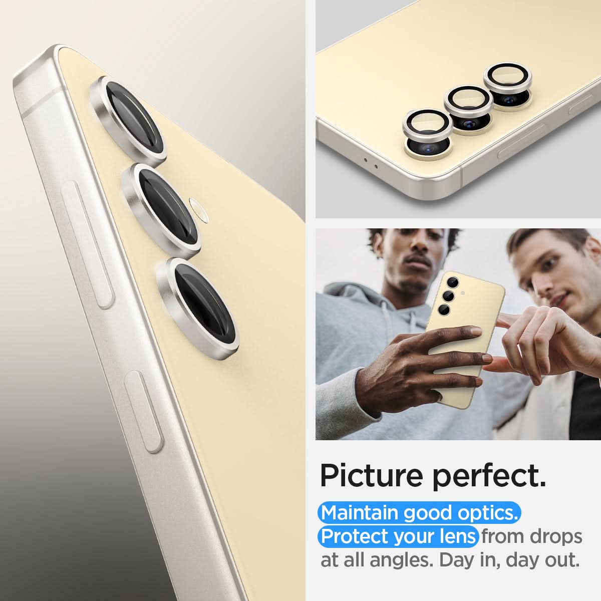 AGL07436 - Galaxy S24 Plus Optik Pro EZ Fit Lens Protector in Yellow showing the picture perfect. Maintain good optics. Protect your lens from drops at all angles. Day in, day out
