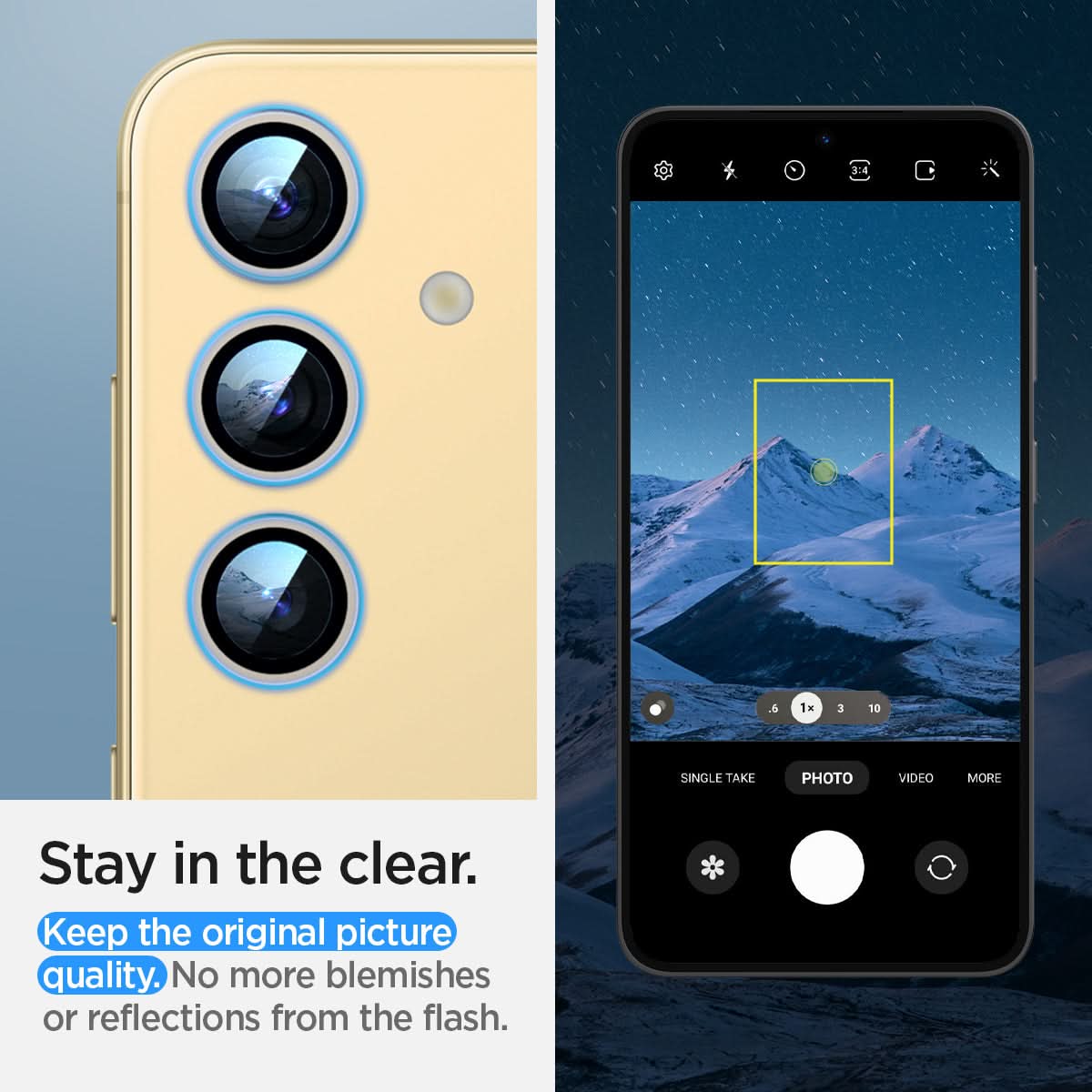 AGL07436 - Galaxy S24 Plus Optik Pro EZ Fit Lens Protector in Yellow showing how it stays clear. Keep the original picture quality. No more blemishes or reflections from the flash