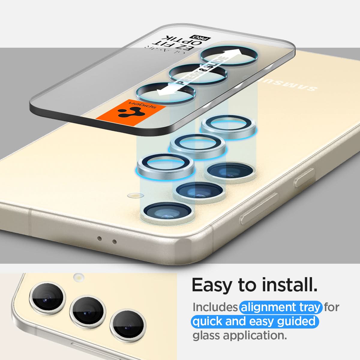 AGL07436 - Galaxy S24 Plus Optik Pro EZ Fit Lens Protector in Yellow showing the easy to install. Includes alignment tray for quick and easy guided glass application