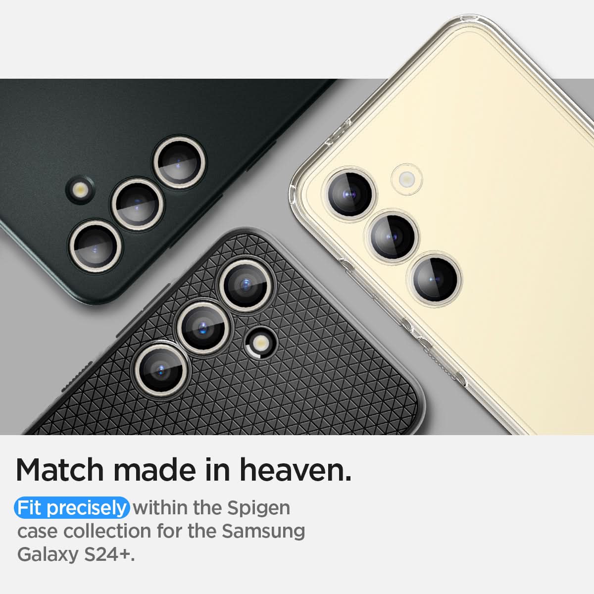 AGL07436 - Galaxy S24 Plus Optik Pro EZ Fit Lens Protector in Yellow showing the match made in heaven. Fit precisely within the Spigen case collection for the Samsung Galaxy S24+