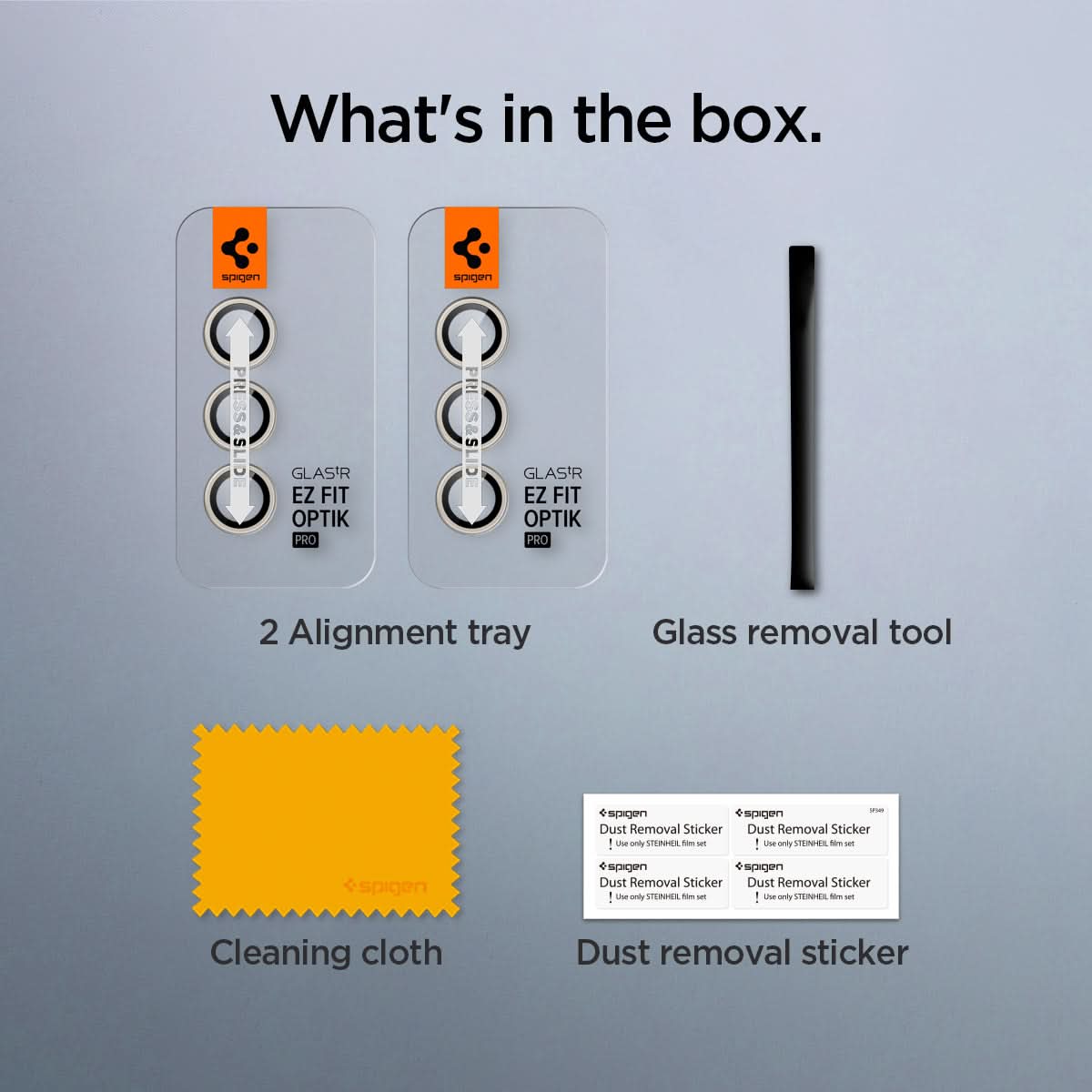 AGL07436 - Galaxy S24 Plus Optik Pro EZ Fit Lens Protector in Yellow showing what's in the box. 2 Alignment trays, Glass removal tool, Cleaning cloth and Dust removal sticker