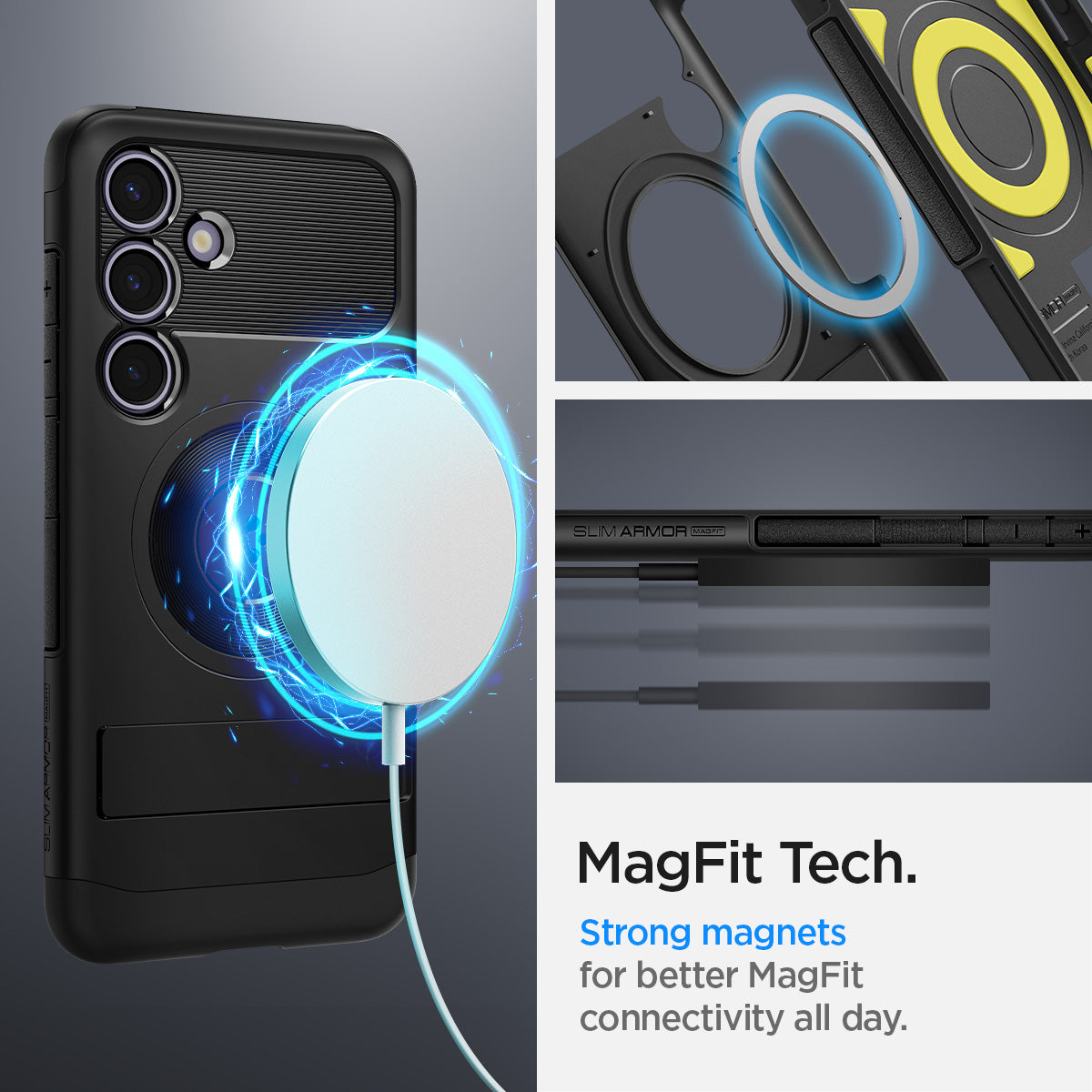 ACS07203 - Galaxy S24 Case Slim Armor (MagFit) in Black showing the MagFit Tech. Strong magnets for better MagFit connectivity all day
