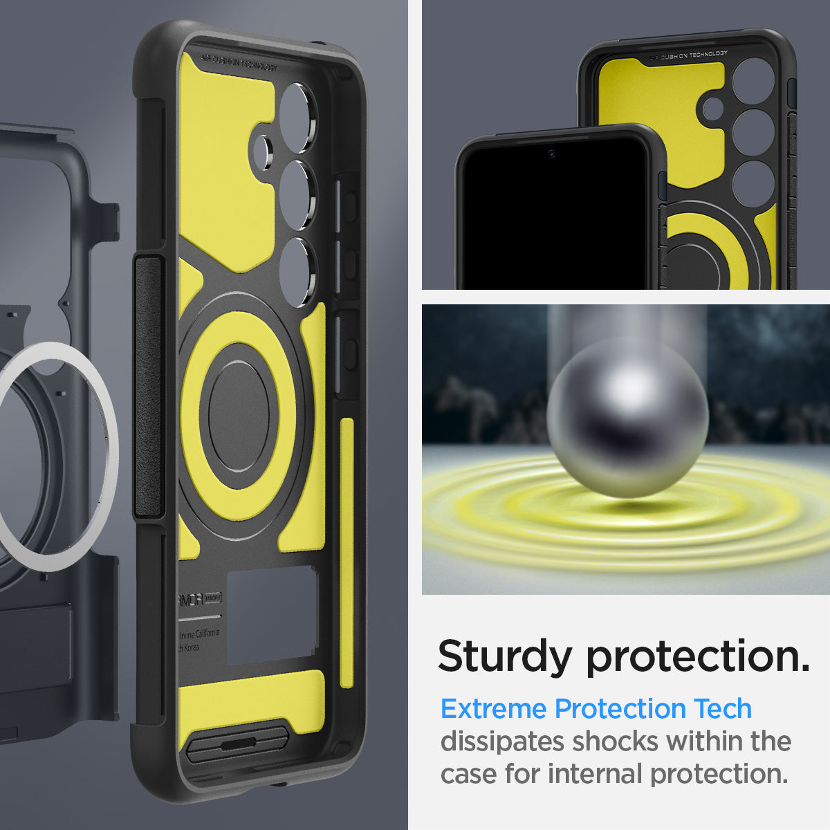ACS07202 - Galaxy S24 Case Slim Armor (MagFit) in Metal Slate showing the sturdy protection. Extreme Protection Tech. dissipates shock within the case for internal protection