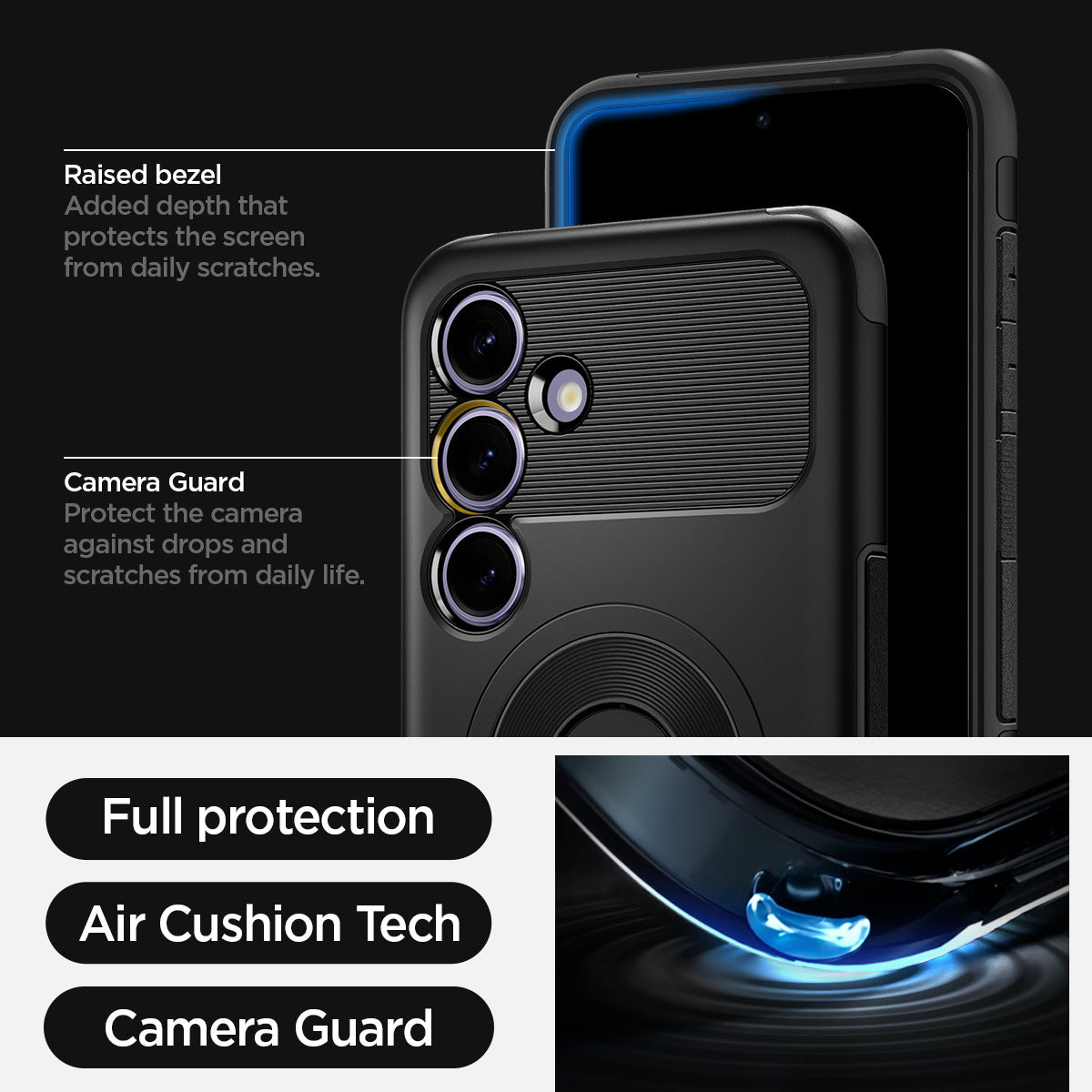 ACS07203 - Galaxy S24 Case Slim Armor (MagFit) in Black showing the full protection, air cushion tech and camera guard. Raised bezel-added depth that protects the screen from daily scratches