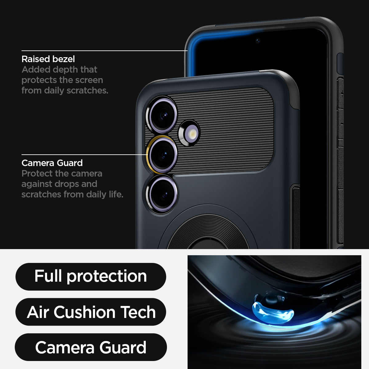 ACS07202 - Galaxy S24 Case Slim Armor (MagFit) in Metal Slate showing the full protection, air cushion tech and camera guard. Raised bezel-added depth that protects the screen from daily scratches