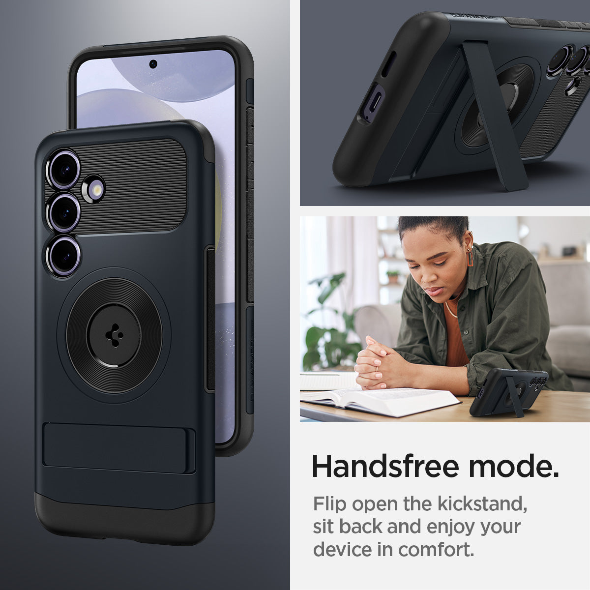 ACS07202 - Galaxy S24 Case Slim Armor (MagFit) in Metal Slate showing the handsfree mode. Flip open the kickstand, sit back and enjoy your device in comfort